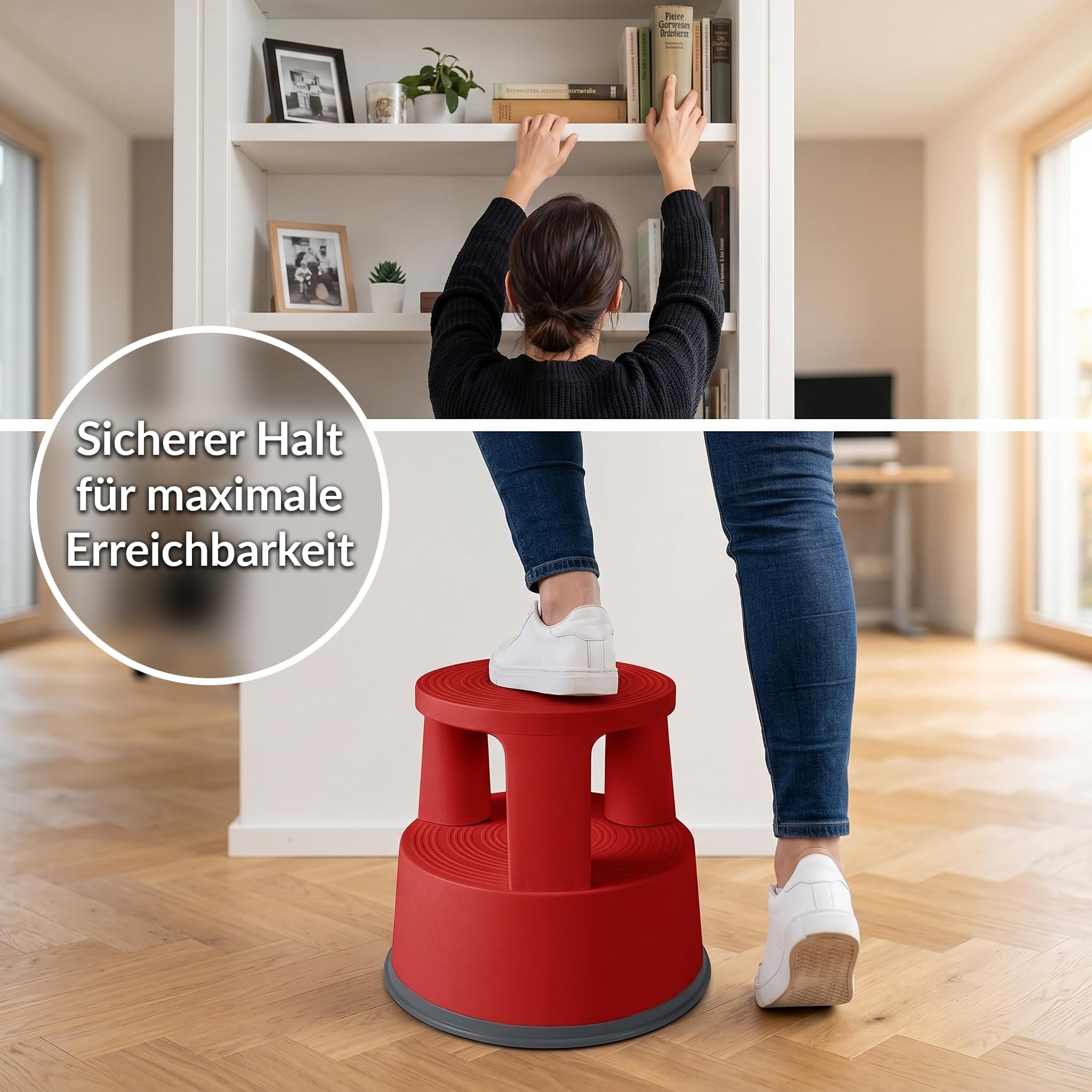 Office Marshal Rollhocker Kunststoff Elefantenfuß rot, Rutschfester Tritthocker mit Rollen, mobiler Rolltritt bis 150 kg, 43 cm hoch, Stabiler Hocker für Büro, Küche, Werkstatt, Lager & Haushalt