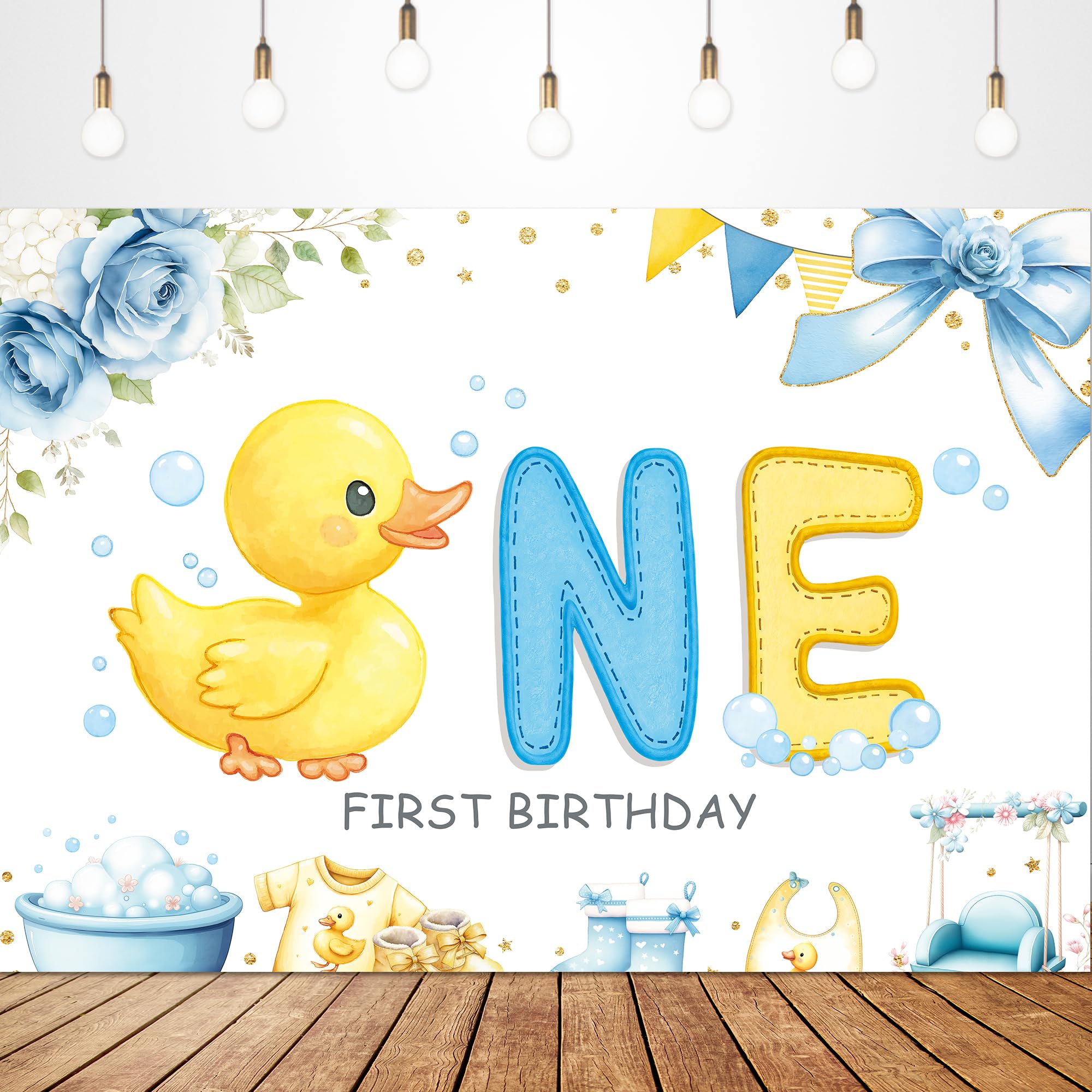 Glawry Rubber Duck First Birthday Backdrop for Photography 7Wx5H Feet One Bday Yellow Blue Cartoon Animal Cute for Boys Kids Children Toddler Party