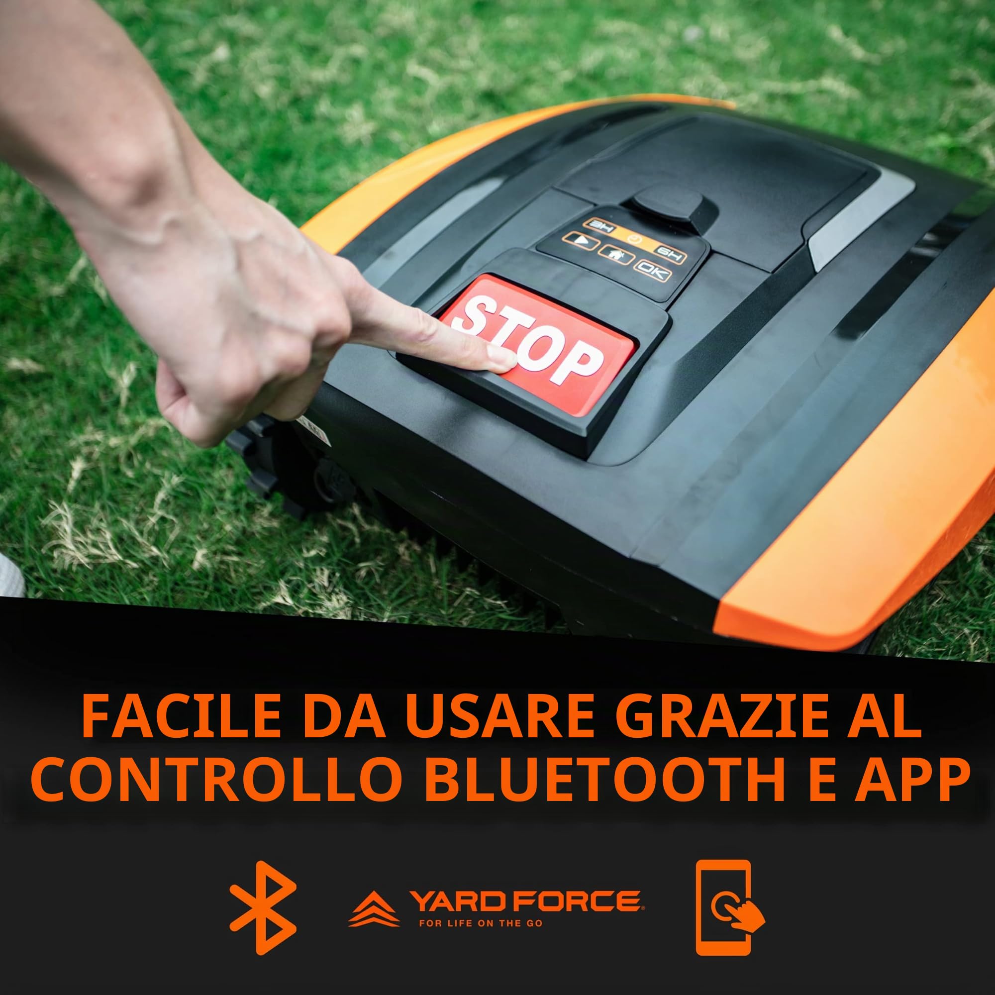 YARD FORCE EasyMow 260B Robot tosaerba fino a 260 mq, robot tosaerba a guida autonoma, facile da usare, controllo Bluetooth e app, fino a pendenze 30%, batteria agli ioni di litio da 20 V/2,0 Ah