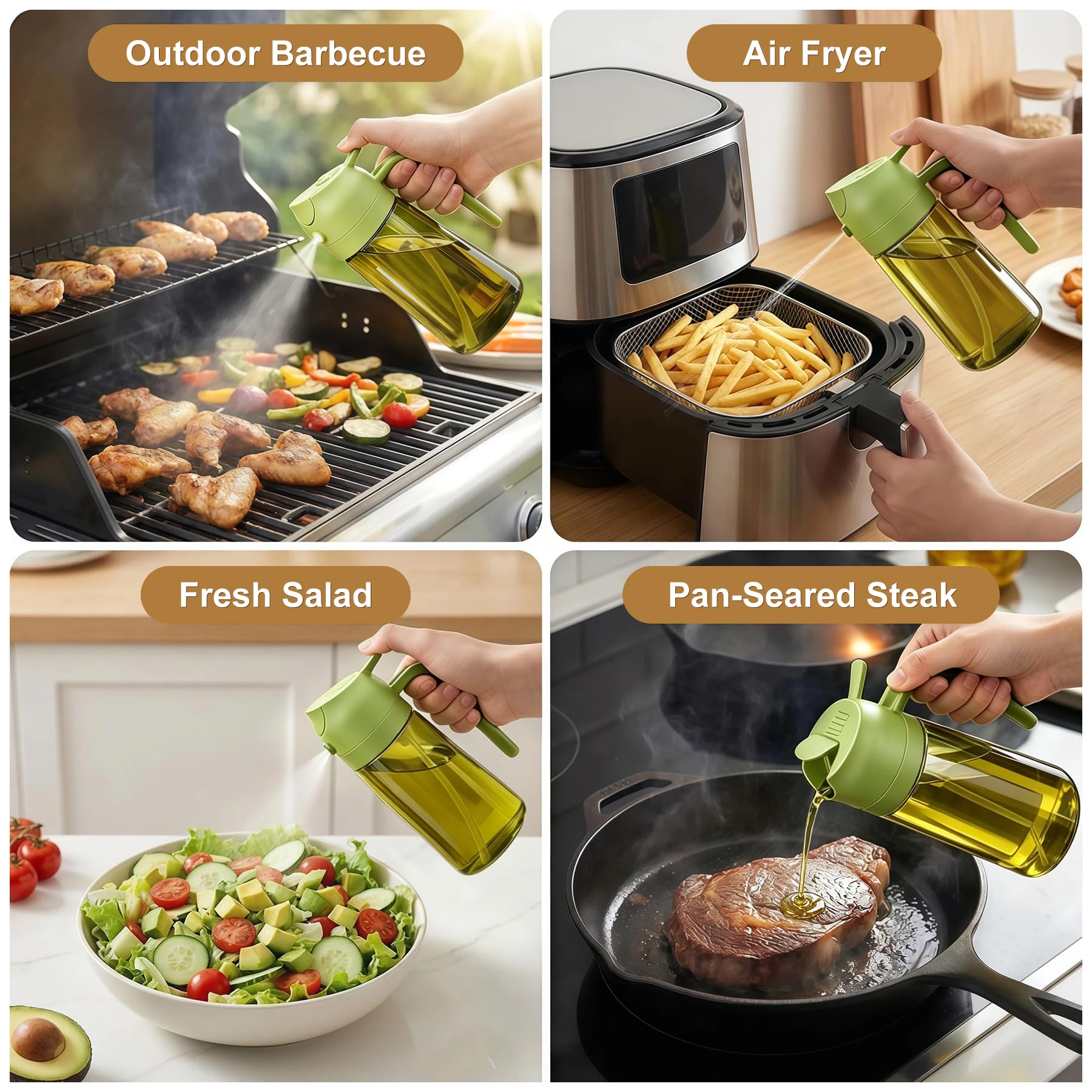 Poshetion 2 in 1 Olivenölsprüher zum Kochen, 453.6 g Lichtdichter Ölspender für Küche, auslaufsichere Ölsprühflasche für Luftfritteuse, Salat, BBQ, Backen, Grillen - Schwarz & Grün