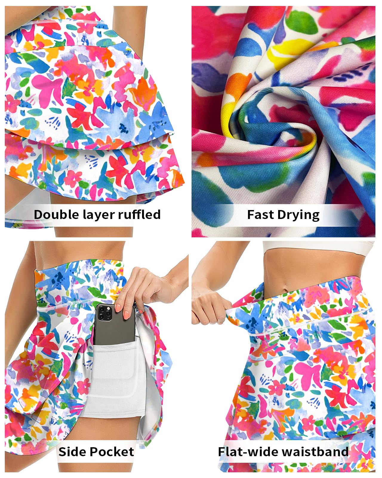 WOWENY Women's Athletic Pleated Tennis Skirt Ladies Active Layered Skort with Pocket Running Golf Skirt with Ruffle for Workout Sports Pickleball(2-Layer Colored Flower,L)