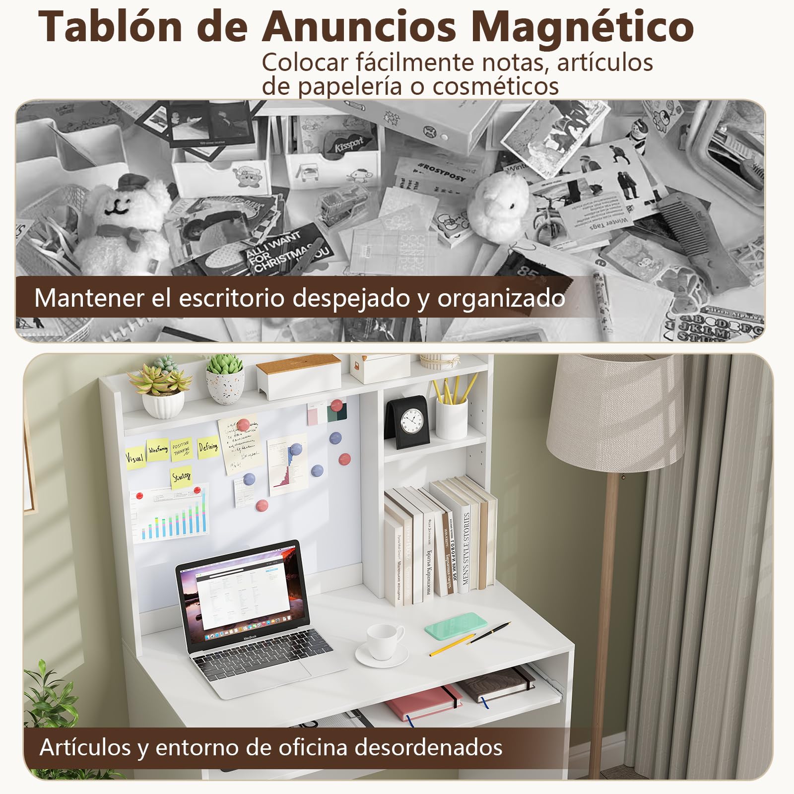 COSTWAY Escritorio con Tablero Magnético, Mesa Escritorio Blanca con Estantes Ajustables, Bandeja para Teclado, Escritorio Juvenil 89 x 50 x 138 cm (Blanco)