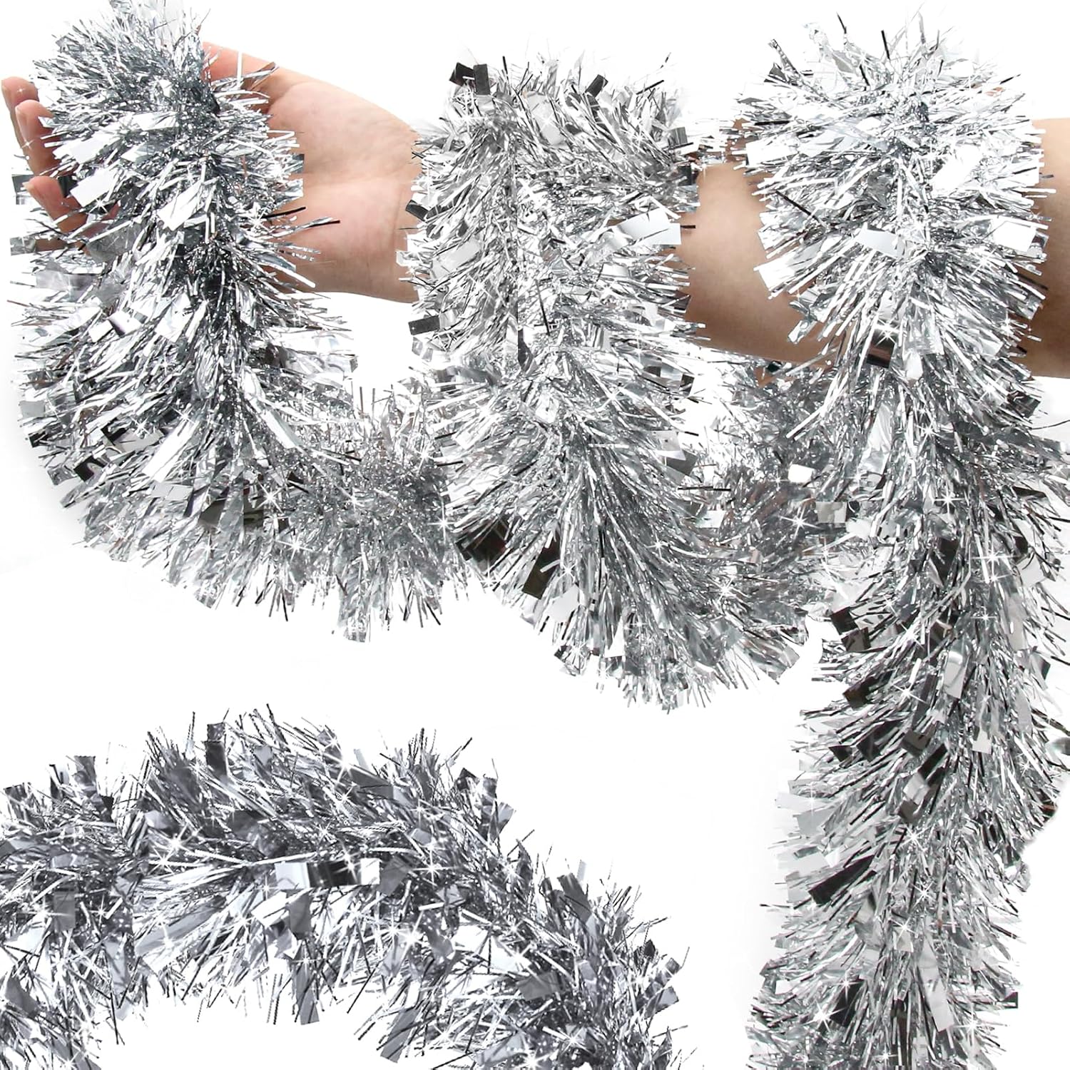 SURCVIO 50FT Silver Christmas Tinsel Garland Metallic