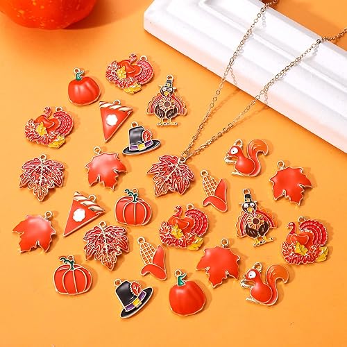 Miniatura 6 de XOCARTIGE 3050 dijes de otoño para la fabricación de joyas, dijes esmaltados de Acción de Gracias, calabaza, hoja de arce, pavo, dijes a granel para