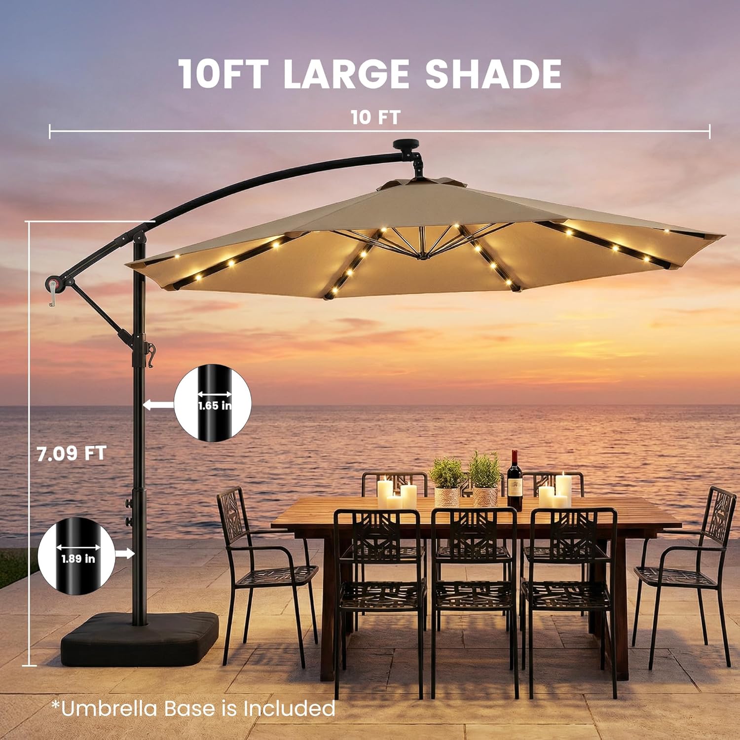 OLILAWN 10ft Solar LED Patio Umbrella with Base, 32 LED Lighted Outdoor Offset Cantilever Umbrella with Sturdy 8 Rids, Infinite Tilt, 360 Degree Rotation, for Pool Deck Porch Backyard Garden, Isabelline
