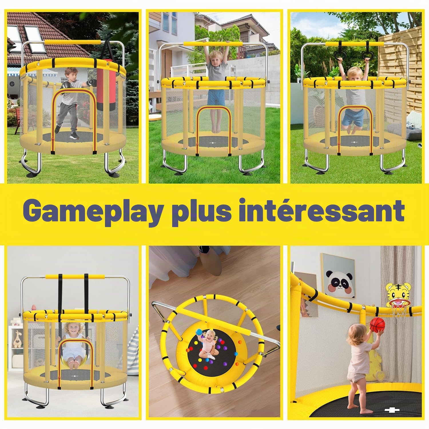 Trampoline pour Enfants 140 cm intérieur/extérieur – Charge maximale 50 kg avec Filet de sécurité, Barre de Gymnastique réglable et Panier de Basket, Cadeau pour garçons et Filles