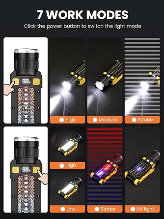 Rechargeable LED Work Light, Magnetic COB Flashlight with Hook & Clamp, 7 Modes Portable Work Lamp with Battery Display for Car Repair, Camping, Emergency