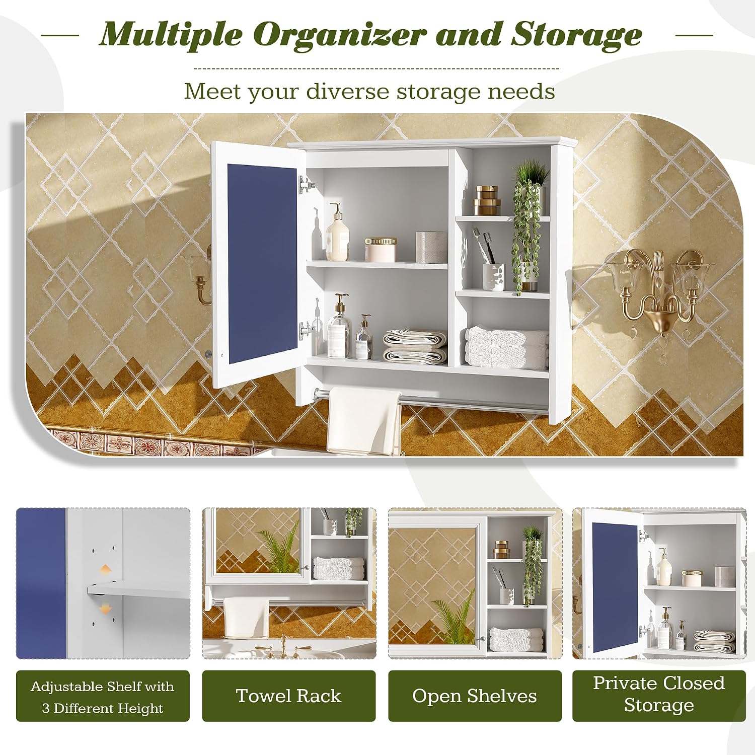 Marzzi 30"x28" Bathroom Medicine Cabinet with Mirror and Towel Bar, Wall Mounted Bathroom Storage Organizer with Open Shelves & Adjustable Interior for Master Bath & Powder Room, Painted Finish