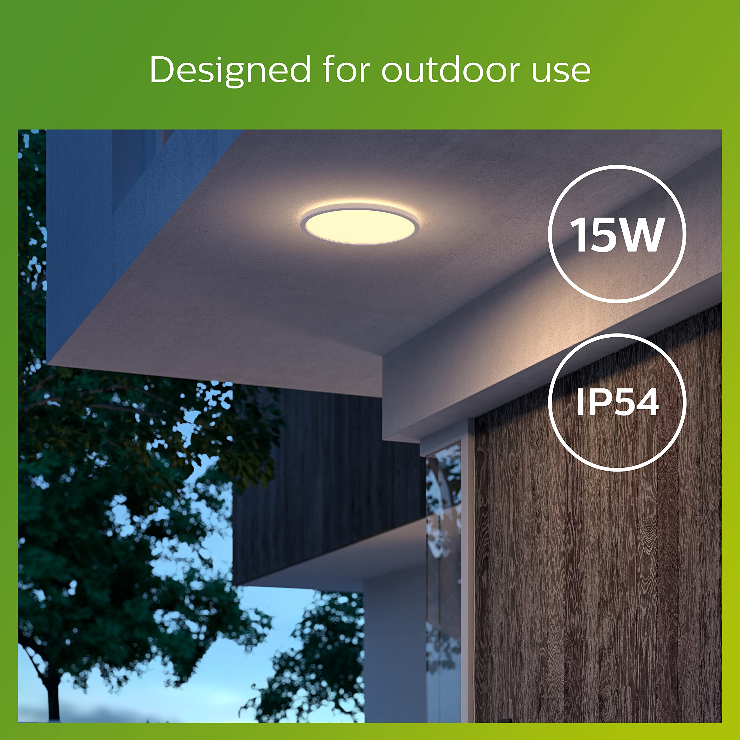 Philips - Plafón Philips SuperSlim, lámpara de techo LED de exterior, color blanco, luz blanca cálida, 15W