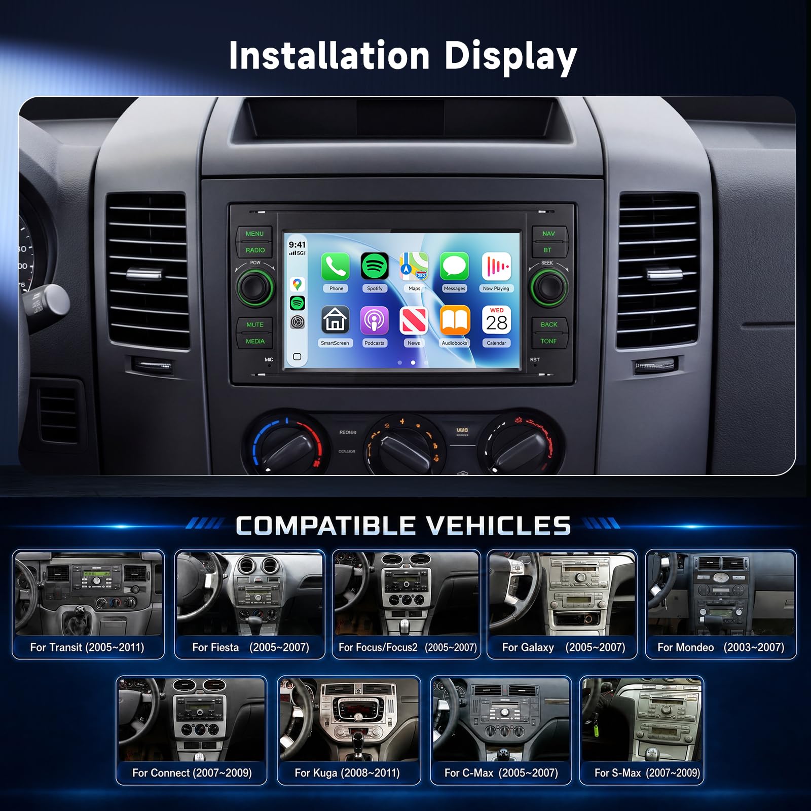 Hodozzy Autoradio für Ford Transit Fiesta Focus Mondeo C-Max S-Max, 2 DIN Radio mit Bluetooth AM/FM/RDS, 7-Zoll-Touchscreen Autoradio mit Bildschirmo Wireless CarPlay Android Auto, EQ Rückfahrkamera