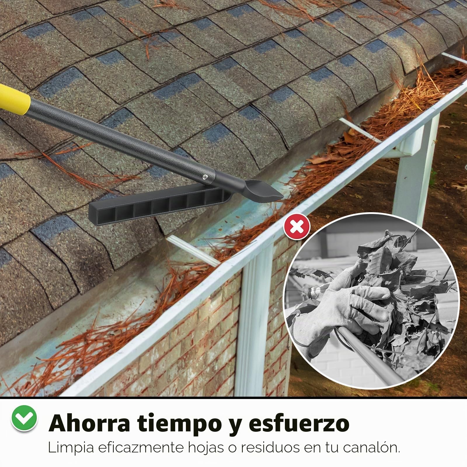 Herramienta de limpieza de canalones con poste extensible de 235 cm, herramienta de limpieza de canalones de lluvia, cuchara y recogedor para limpieza de hojas de canalones de techo