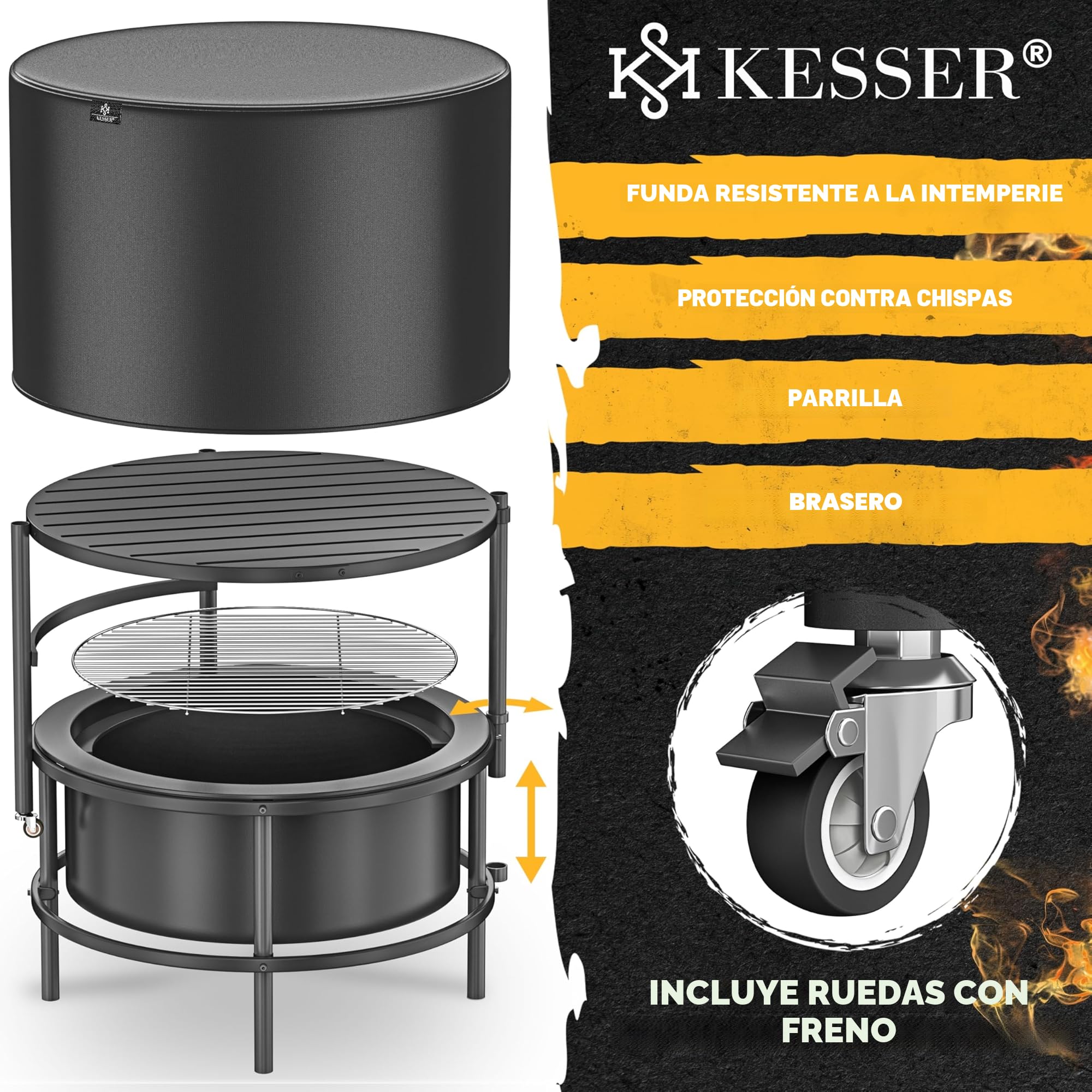 KESSER® Brasero con parrilla de 65 cm, cesta de fuego de 0,6 mm, acero frío, barril móvil neumático, brasero de madera y carbón, incluye gancho de 60 cm