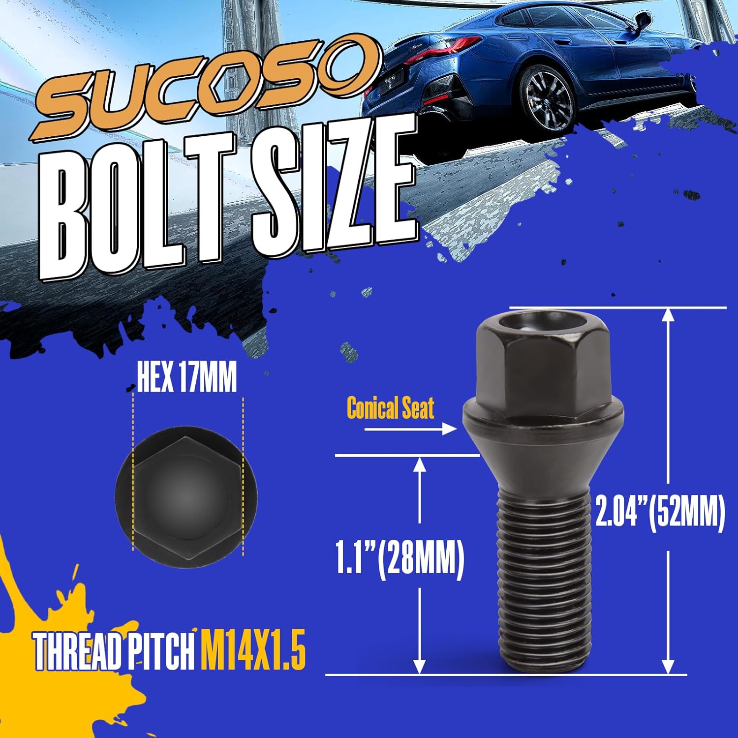 14x1.5 Lug Bolts Fit for A3 A4 A5 A6 A7 A8 S3 S4 S5 S6 S7 S8 Jetta Tiguan Golf Beetle CC, M14x1.5 Lug Bolts Black 20PC 28mm Shank(OEM Length) 52mm Length Conical Bulge Seat