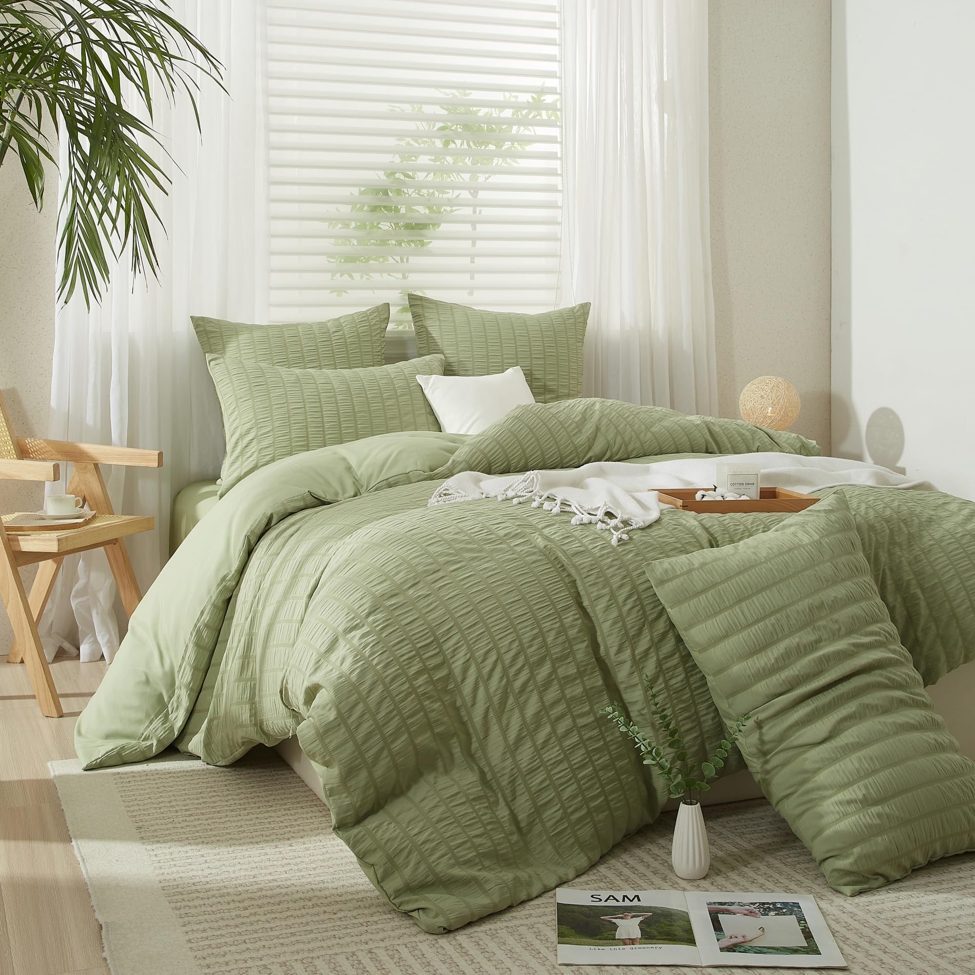 Janine Biancheria da letto makò morbido seersucker verde-grigio, dimensioni 1 x 135 x 200 cm + 1 x 80 cm