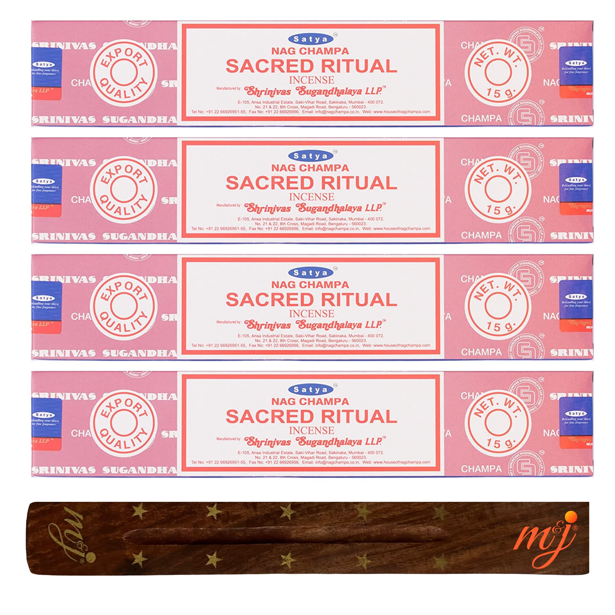 M & J Original Satya Nag Champa Sacred Ritual Incense Sticks | With M&J Incense Sticks Holder | X4 Pack | For Aromatherapy, Spa, Yoga, Weddings, Meditation, Healing, Positivity And Relaxation