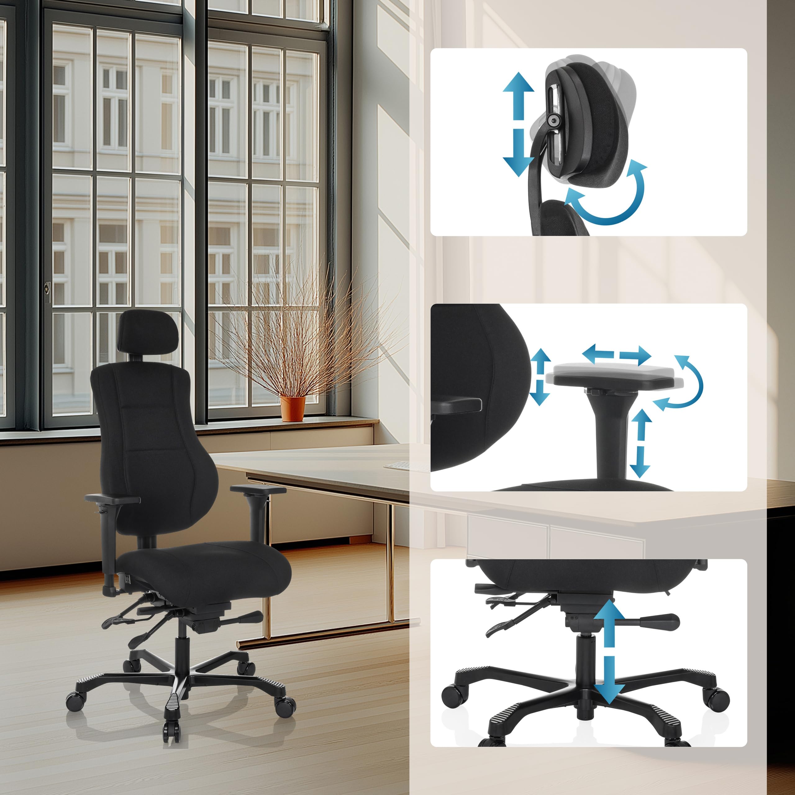hjh OFFICE Ergonomischer Arbeitsstuhl 24 Hours Basic Stoff, robuster XXL Drehstuhl für den 24h Einsatz, bis 150kg belastbar, Schwarz