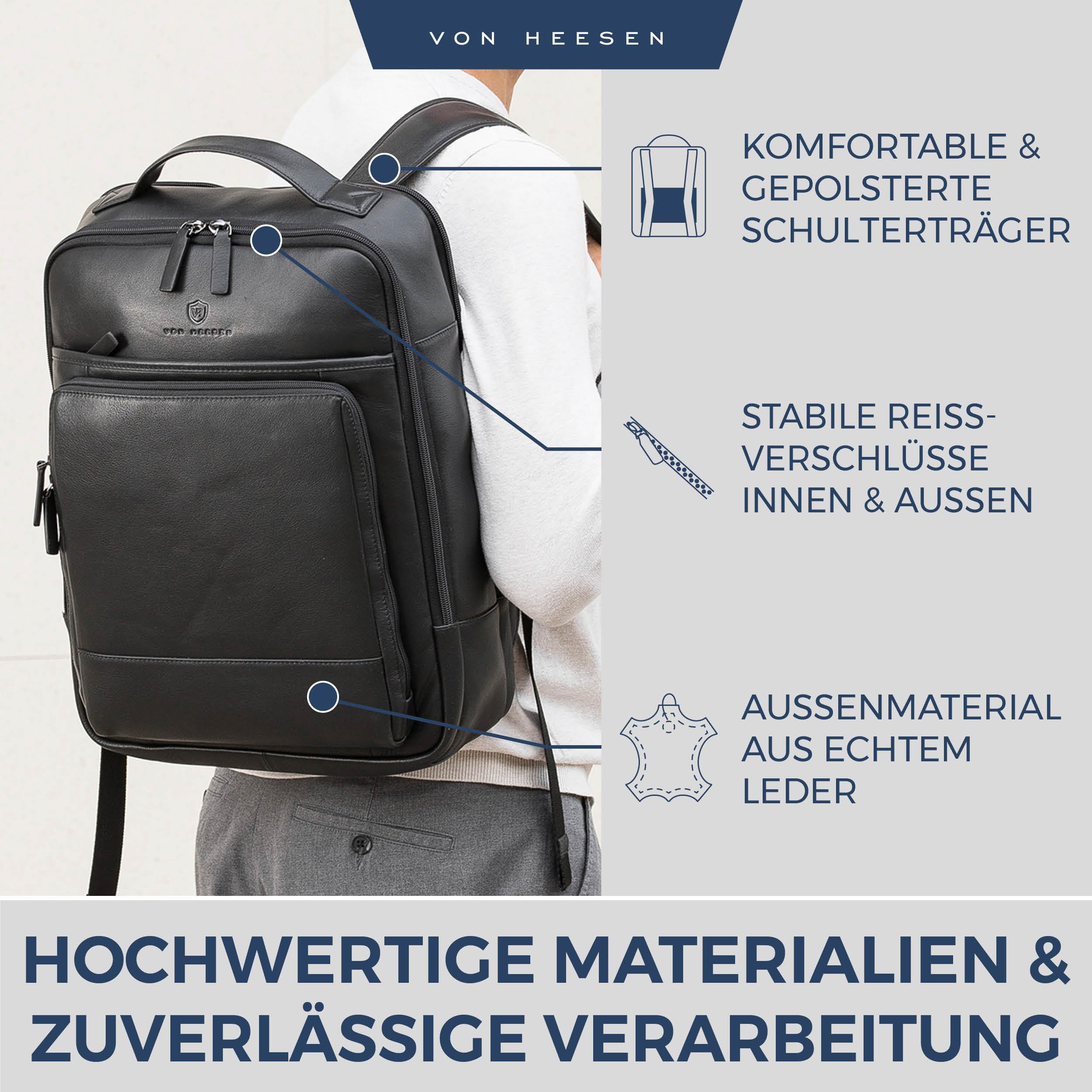 VON HEESEN Leder Laptop Rucksack