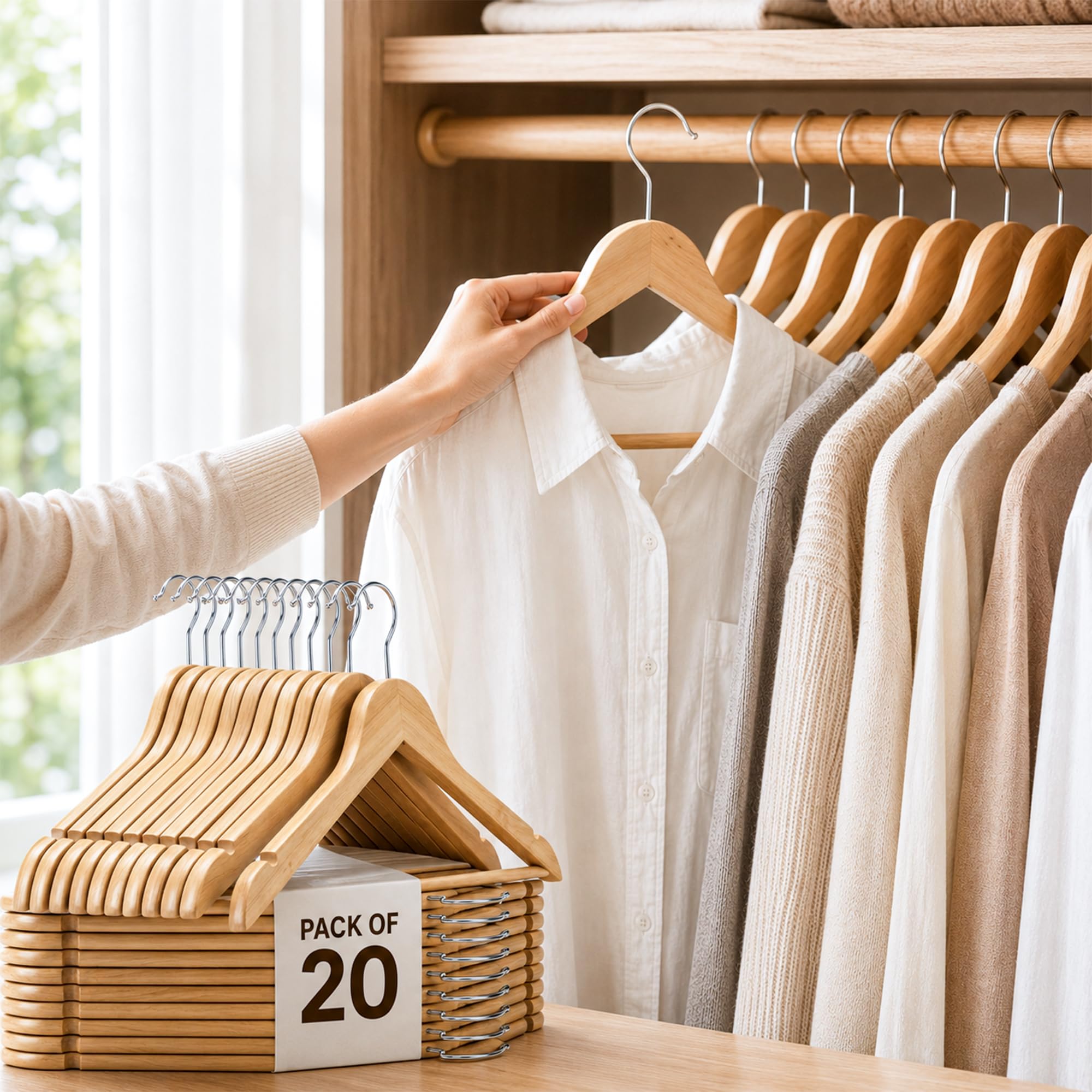 Wooden Hangers for Clothes Heavy Duty Wooden Coat Hangers with Notches & Pant Bar, 360 Degree Swivel Hook, Clothes Hangers Durable Wardrobe Hangers for Suits & Jackets (Light Brown, Pack of 20)-image-36