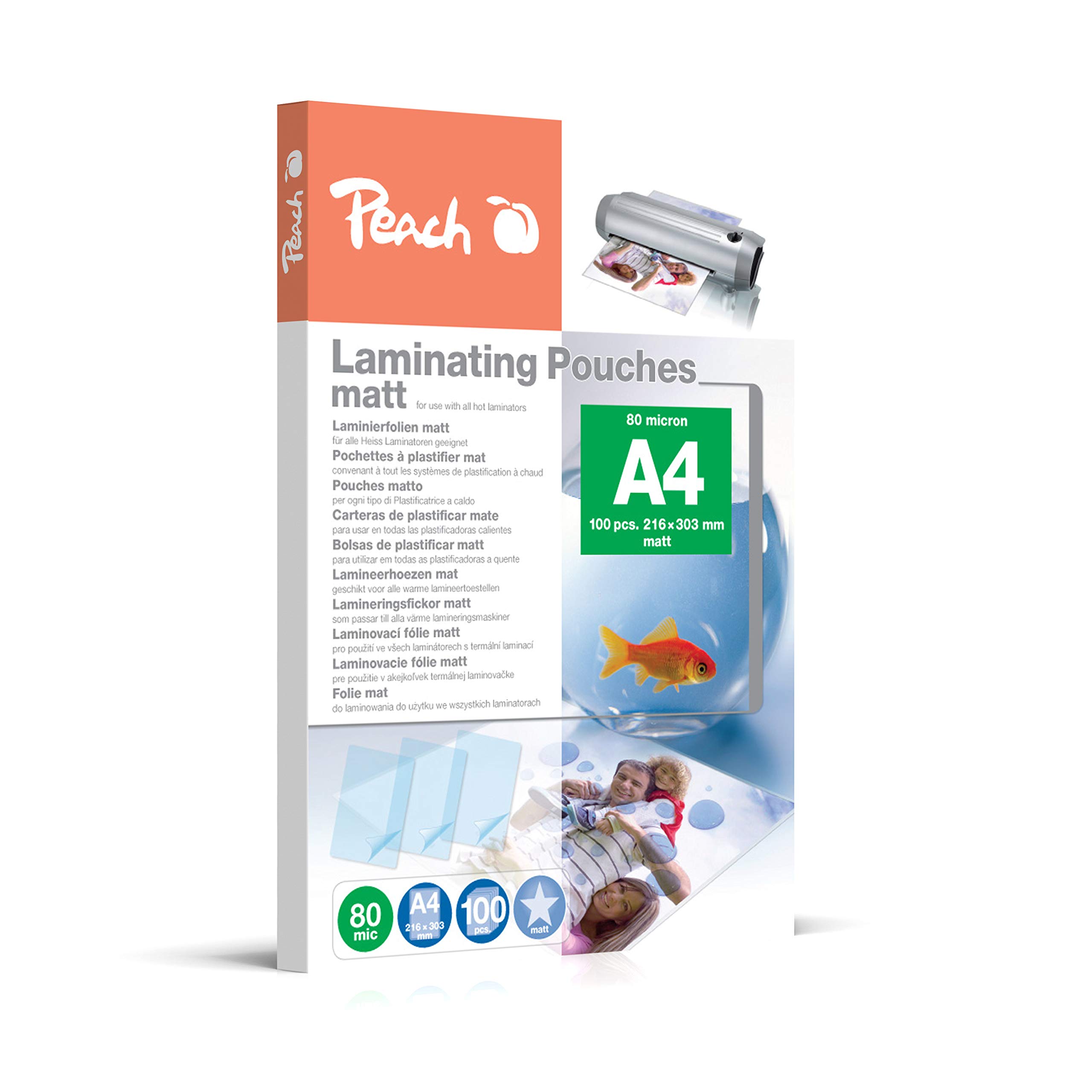 Peach Laminierfolien A4-80 mic - 100 pouches - matt - beschreibbar - Premiumqualität für beste Laminierergebnisse - kompatibel mit Geräten aller Markenhersteller - S-PP580-22