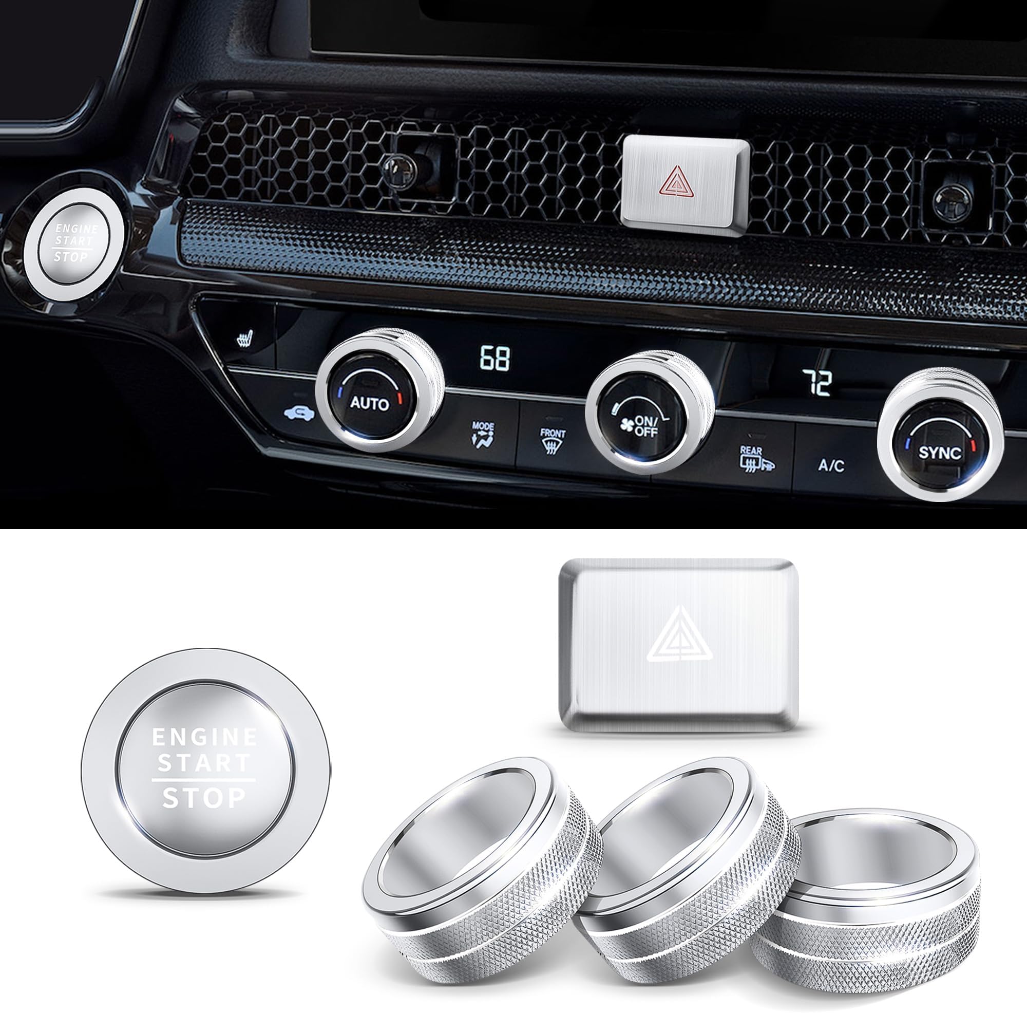 Polodunn 6pcs Air Conditioning Knob Cover, Hazard Warning Lights Button Cover, Push Start Button Cover Trim Ring -Interior Accessories for Honda Accord, HRV, CRV, Civic 2025 2024 2023 2022 (Silver)