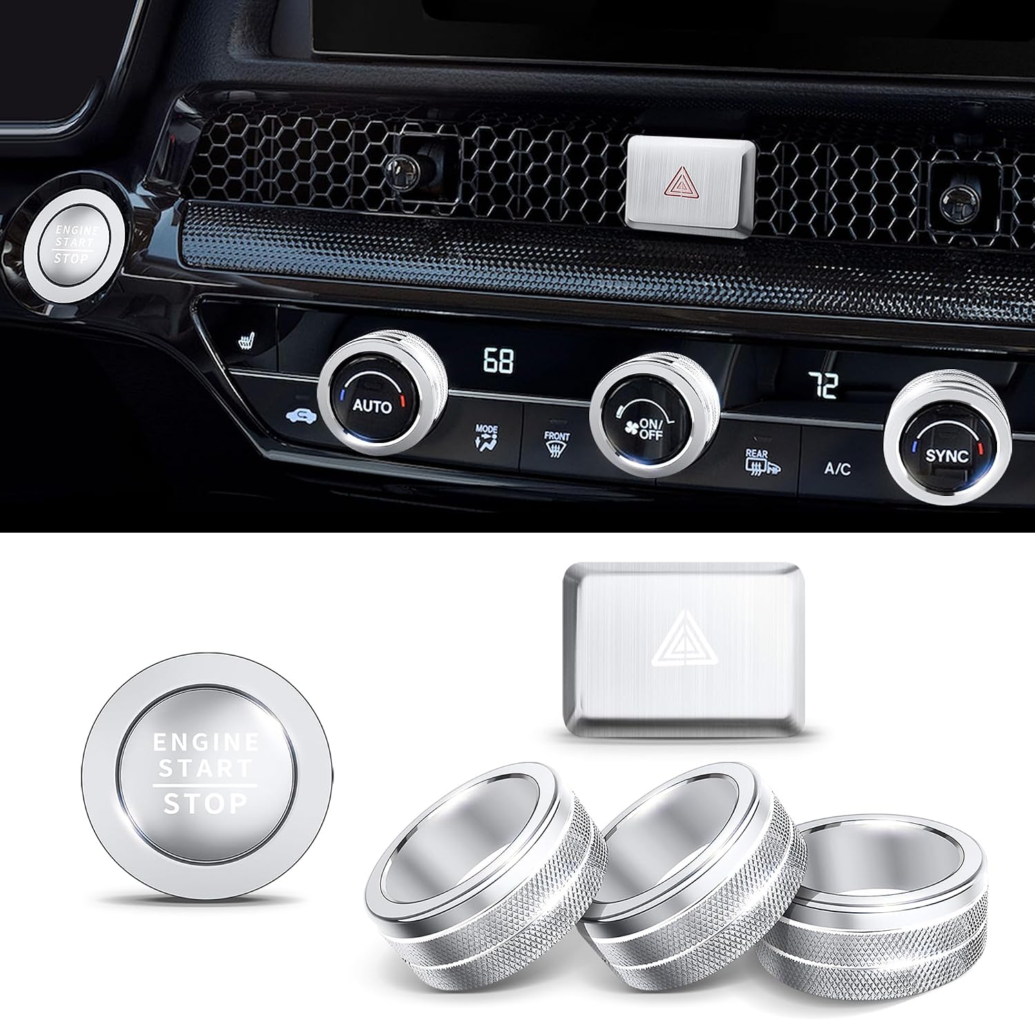 Polodunn for 2022-2025 Honda Civic, 2023-2025 Accord/CRV/HRV, 2023-2025 Acura Integra & 2025 ADX Accessories - 6pcs Aluminum Alloy Knob Cover Trim Set for Push Start, AC & Hazard Light (Silver)