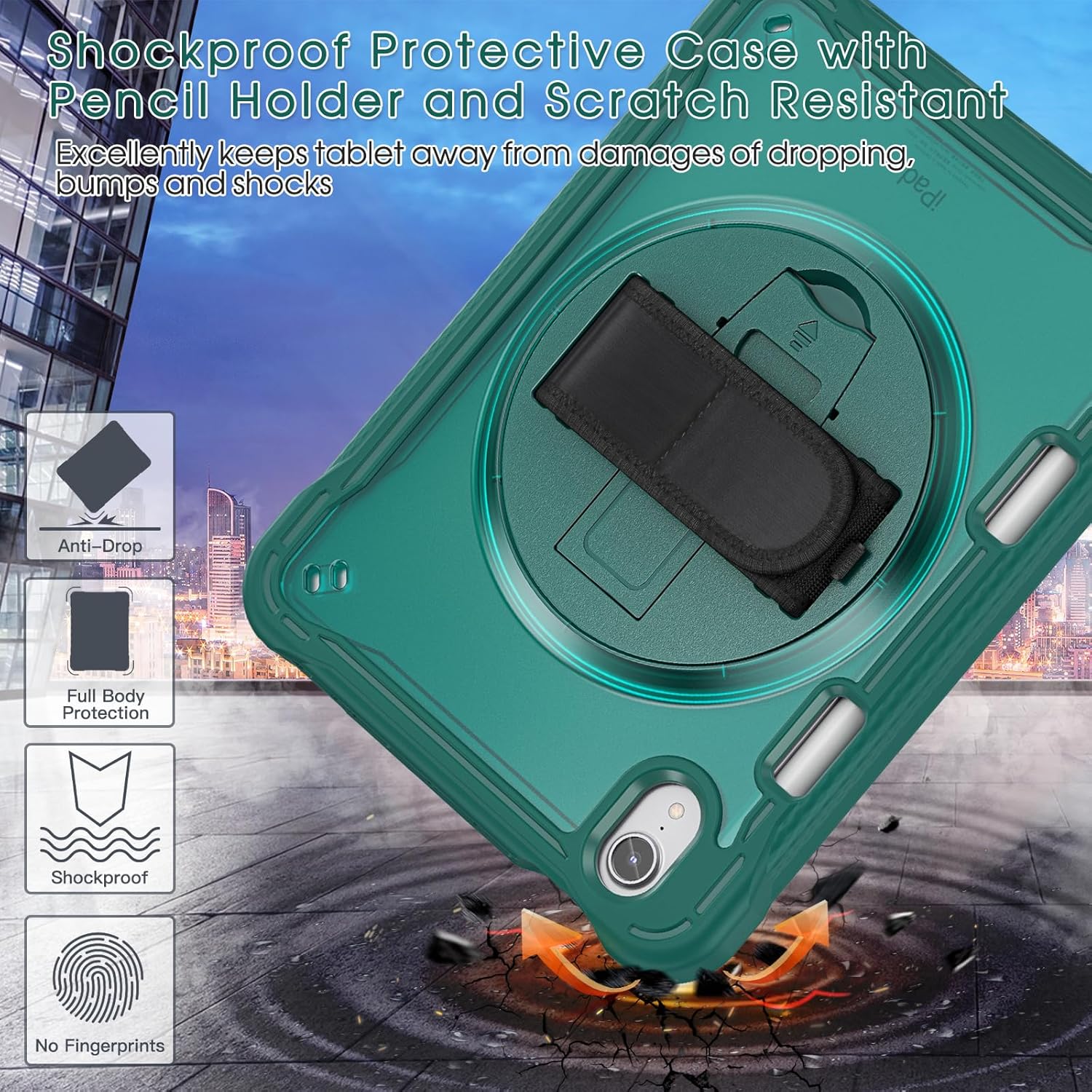 BRAECNstock Case for iPad mini 7 (A17 pro) 2024 & Mini 6 2021 8.3-inch,Shockproof Protective Cover with Pencil Holder,Screen Protector,360° Rotating Hand Strap/Stand-Midnight Green