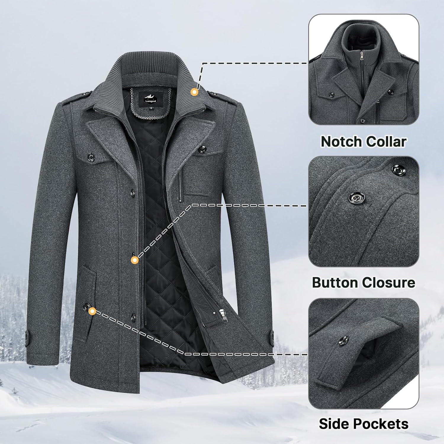 Lamgool Men's Winter Wool Blend Coat Casual Business Single Breasted Peacoat - Image 4