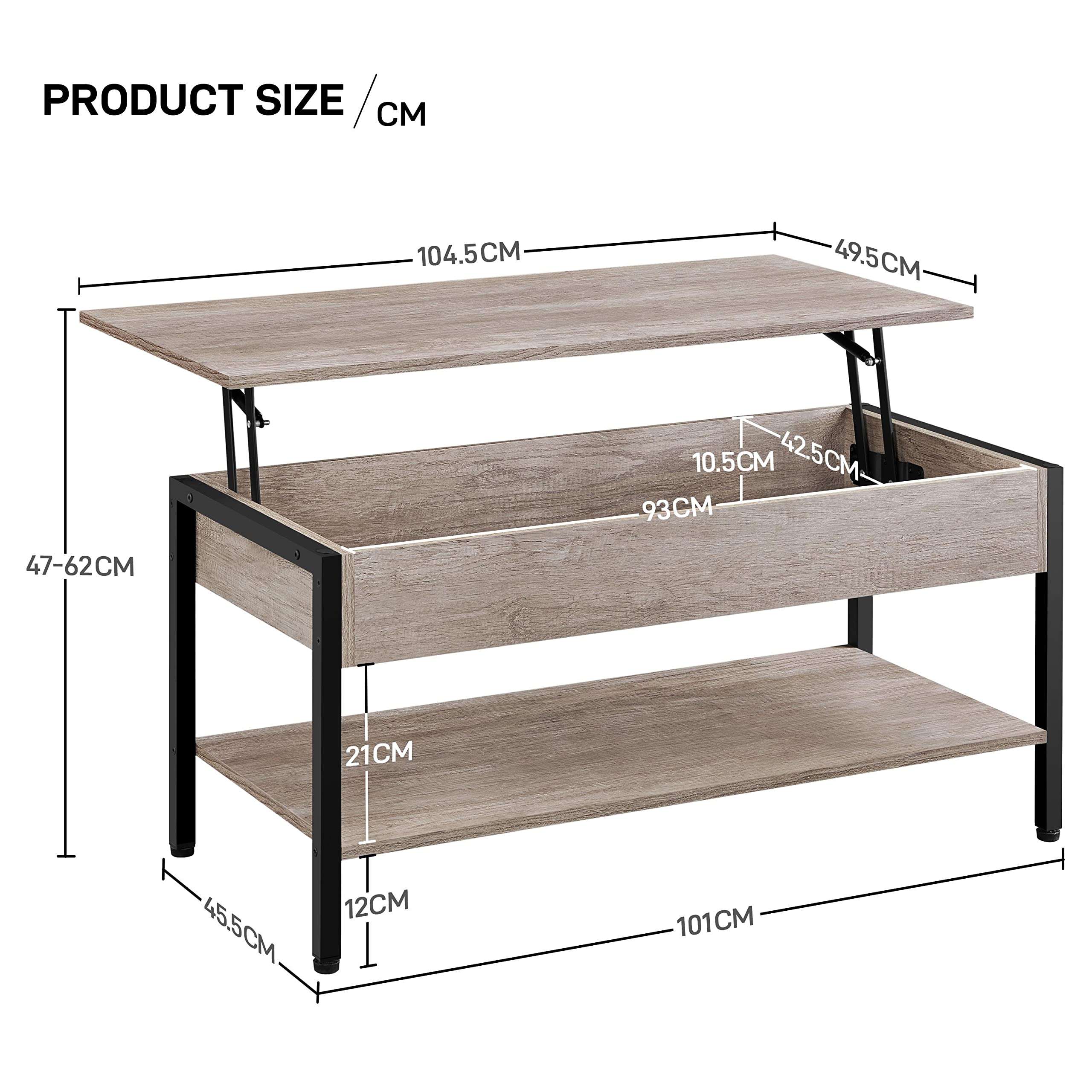 Yaheetech Mesa de Centro Elevable con Mecanismo 104,5x49,5X(47-62) cm | Hidráulico Diseño Industrial de Doble Nivel Mesa Baja de Industrial para Sofa Salon Gris