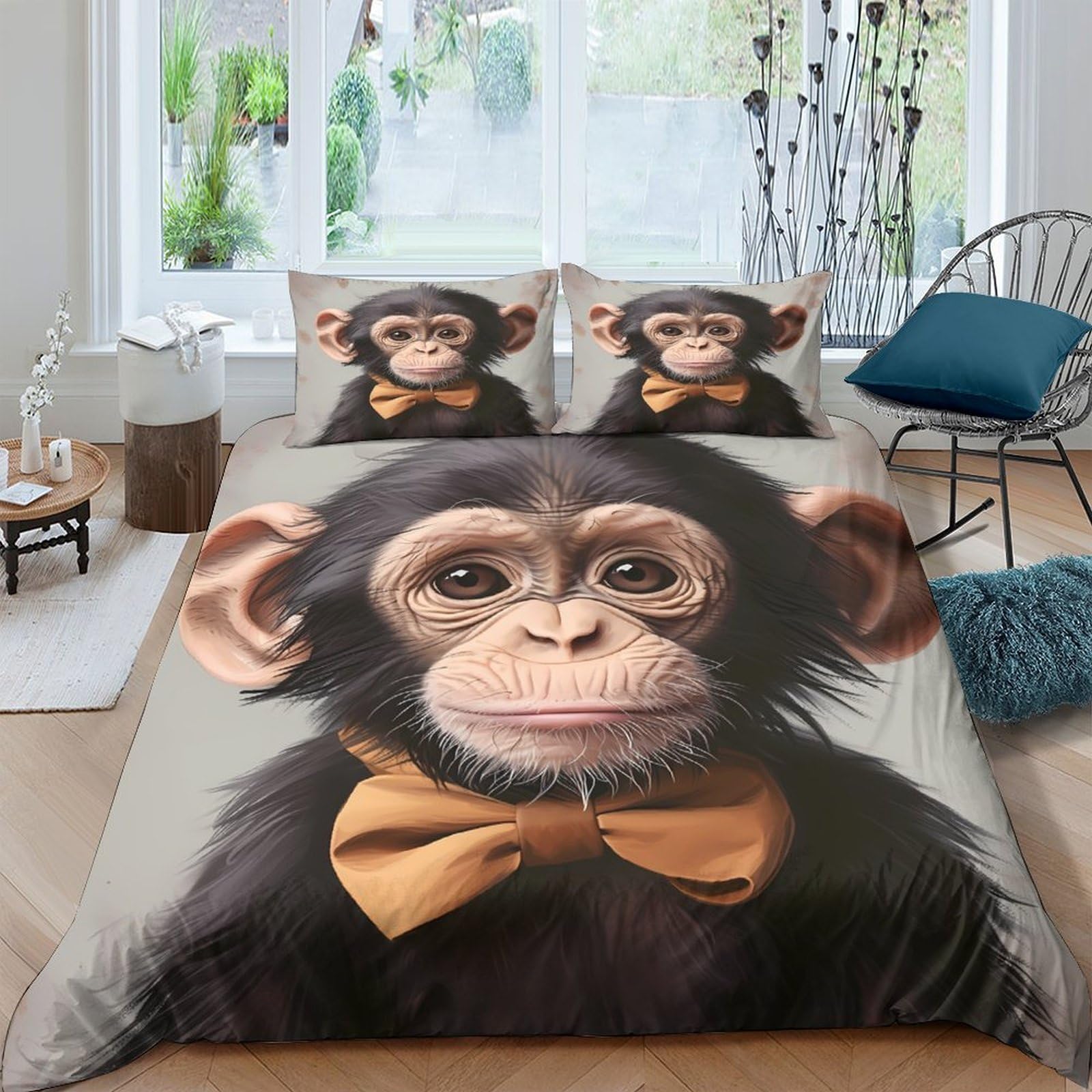 Ctjqhvkz Style-6 3D Printed Bow Tie Chimpanzee Fitted Sheet Microfiber Soft Bedroom Decor Monkey Face Mattress Cover Single（135X200cm）