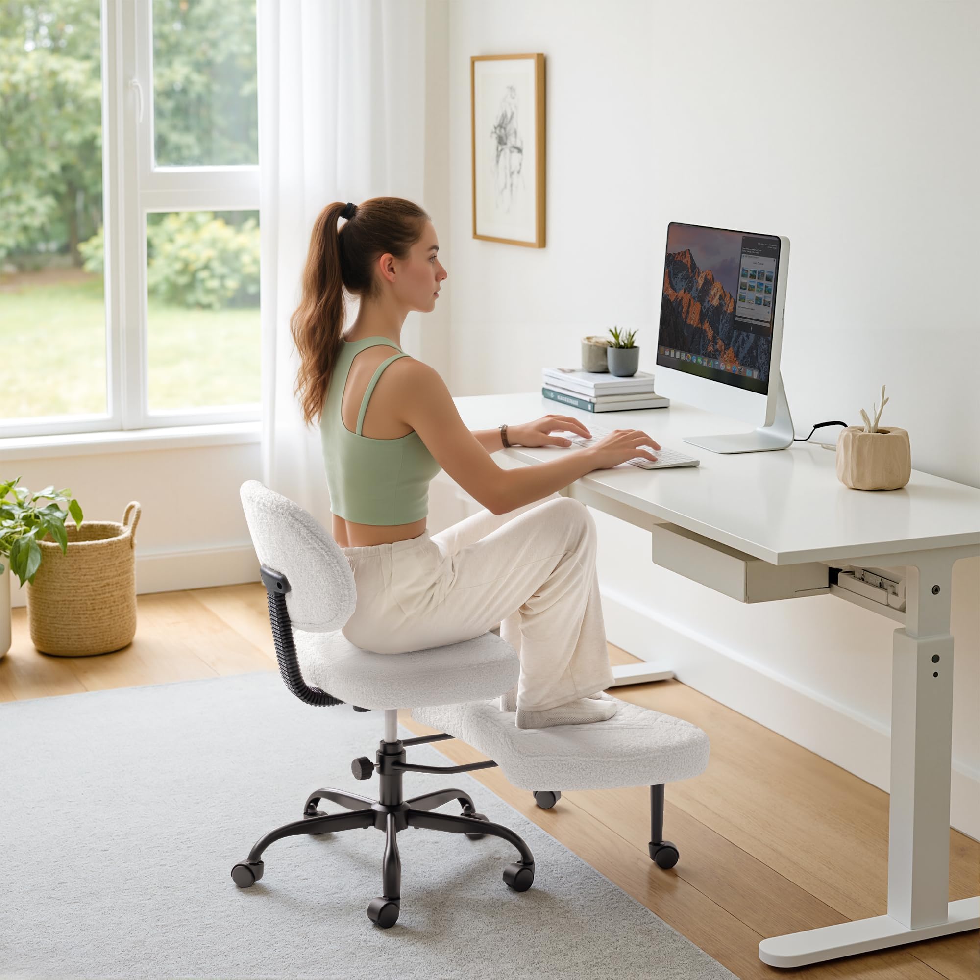 Furmax Ergonomic Criss Cross Legged Office Chair with Wheels, 360°Swivel Adjustable Height Kneeling Desk Chair with Footrest for ADHD, Yoga,