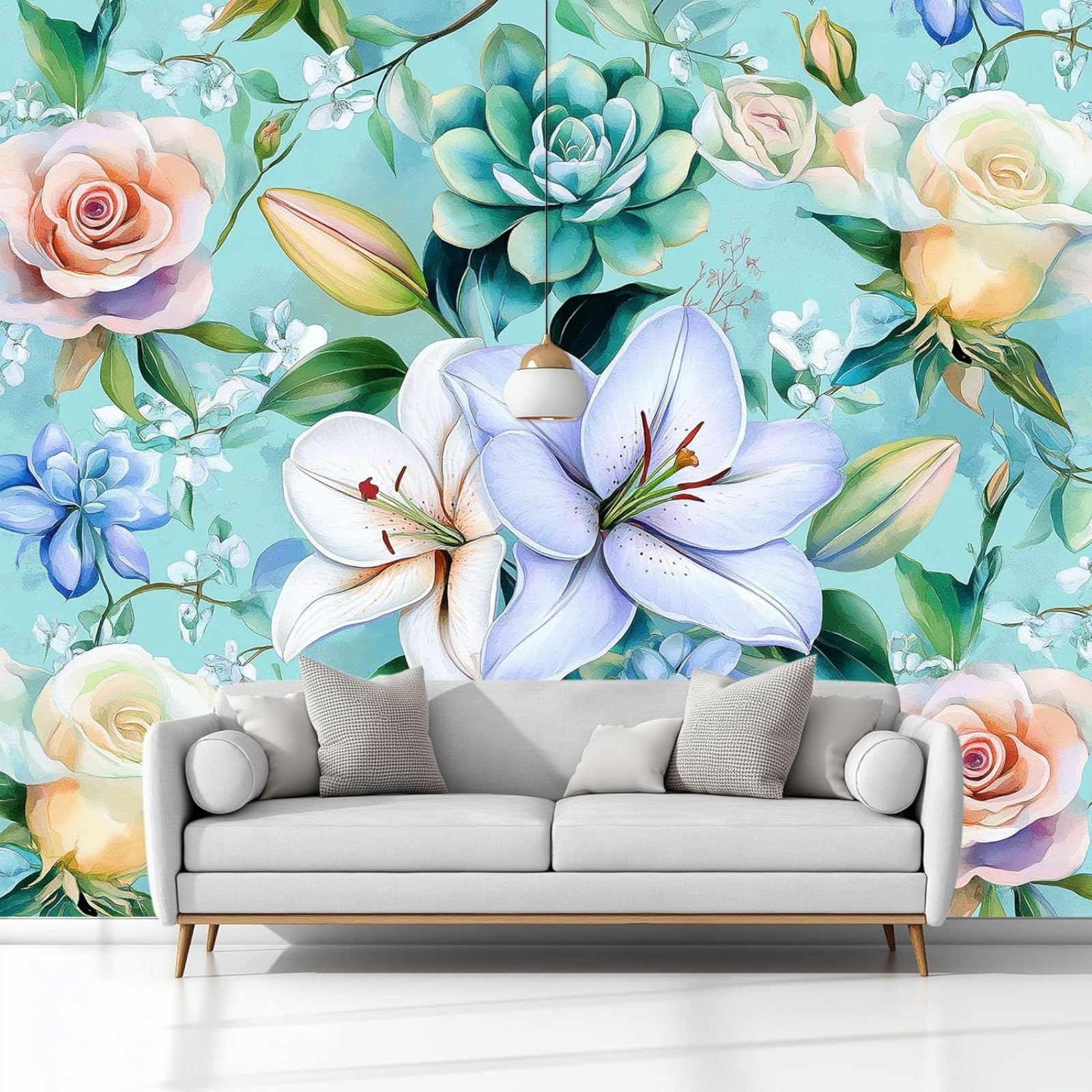 hgjdjhnf Photo Wallpaper Succulents and Flowers Non-Woven Wallpaper Wall Mural Modern wall Wallpaper Bedroom Living Room Wall Mural, Blue, 350cm x 256cm Stickers - Frameless Painting - Poster