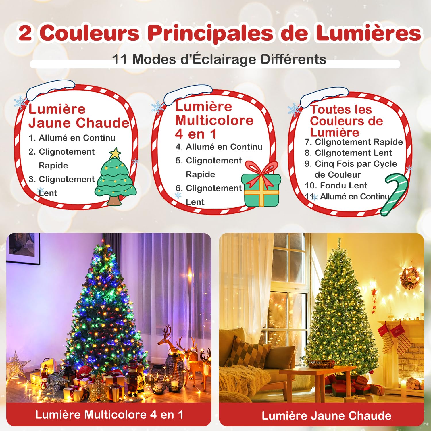 GOPLUS Sapin de Noël Artificiel Lumineux 180 CM, LED Lumière 4 Couleurs et Blanche Chaude, 11 Modes d’Éclairage, Feuilles en PVC, Support en Fer, Vert
