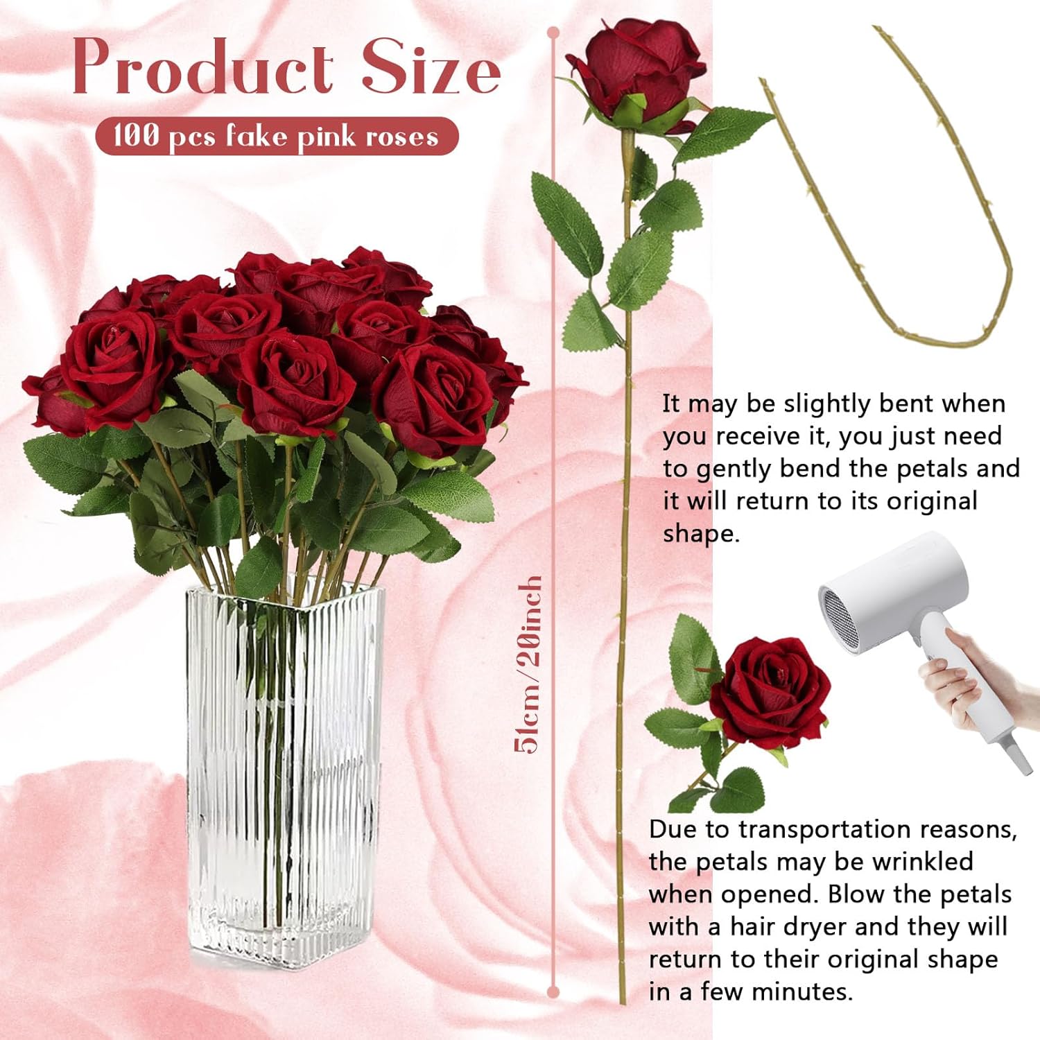 25 Pcs Artificial Silk Roses Flowers Bulk Realistic Long Stem Faux Flower Bouquet for Wedding Centerpieces, Valentine's Day Decor, Home Arrangements, Table Decorations (Wine Red)
