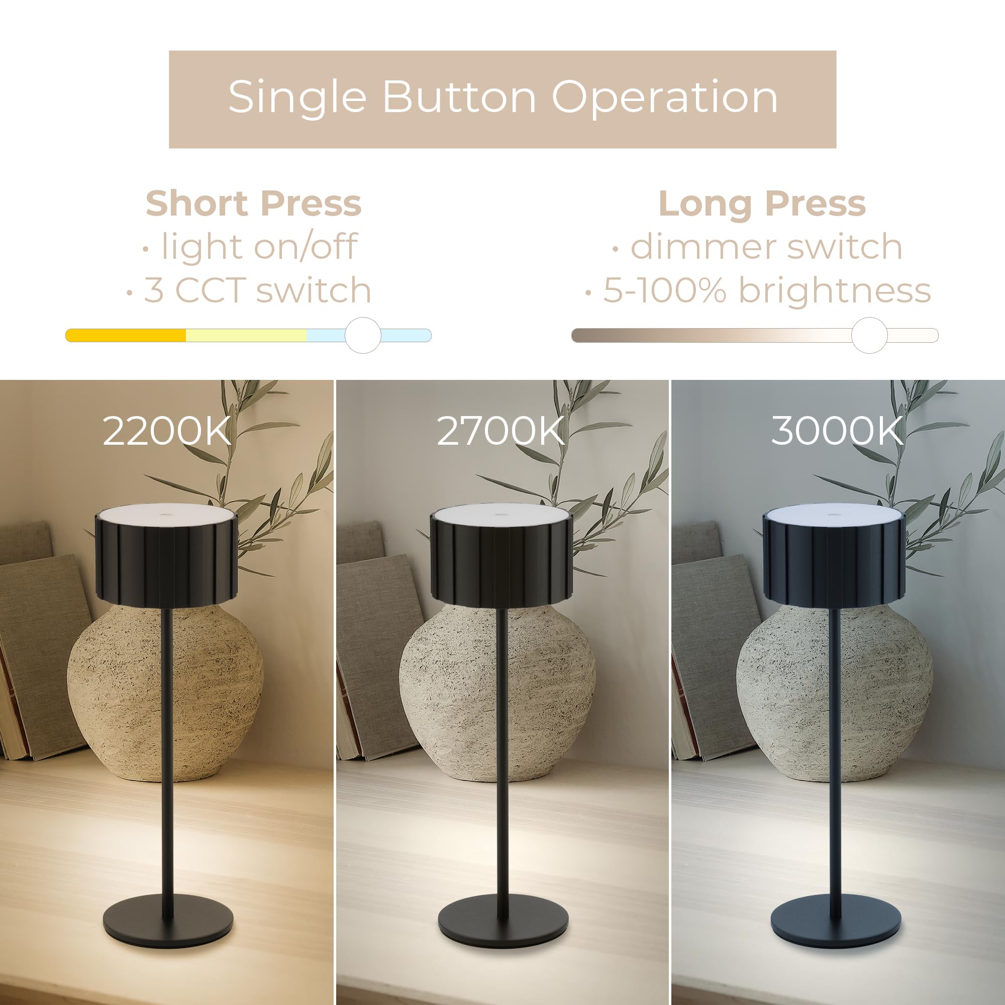 Cog LED Lampe de bureau rechargeable sans fil USB-C 5200 mAh avec 3 températures de couleur 2700 K-3000 K-3500 K et touche marche/arrêt du bout des doigts avec variateur d'intensité Noir