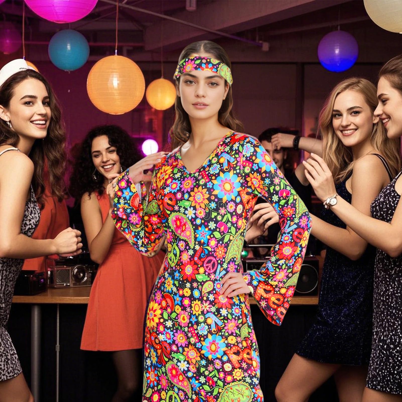 ladies 70s fancy dress costumes Far Out Flower Women's Costume Dress | 70's Costumes | Adult | Womens | XXS | Orange/Purple/White