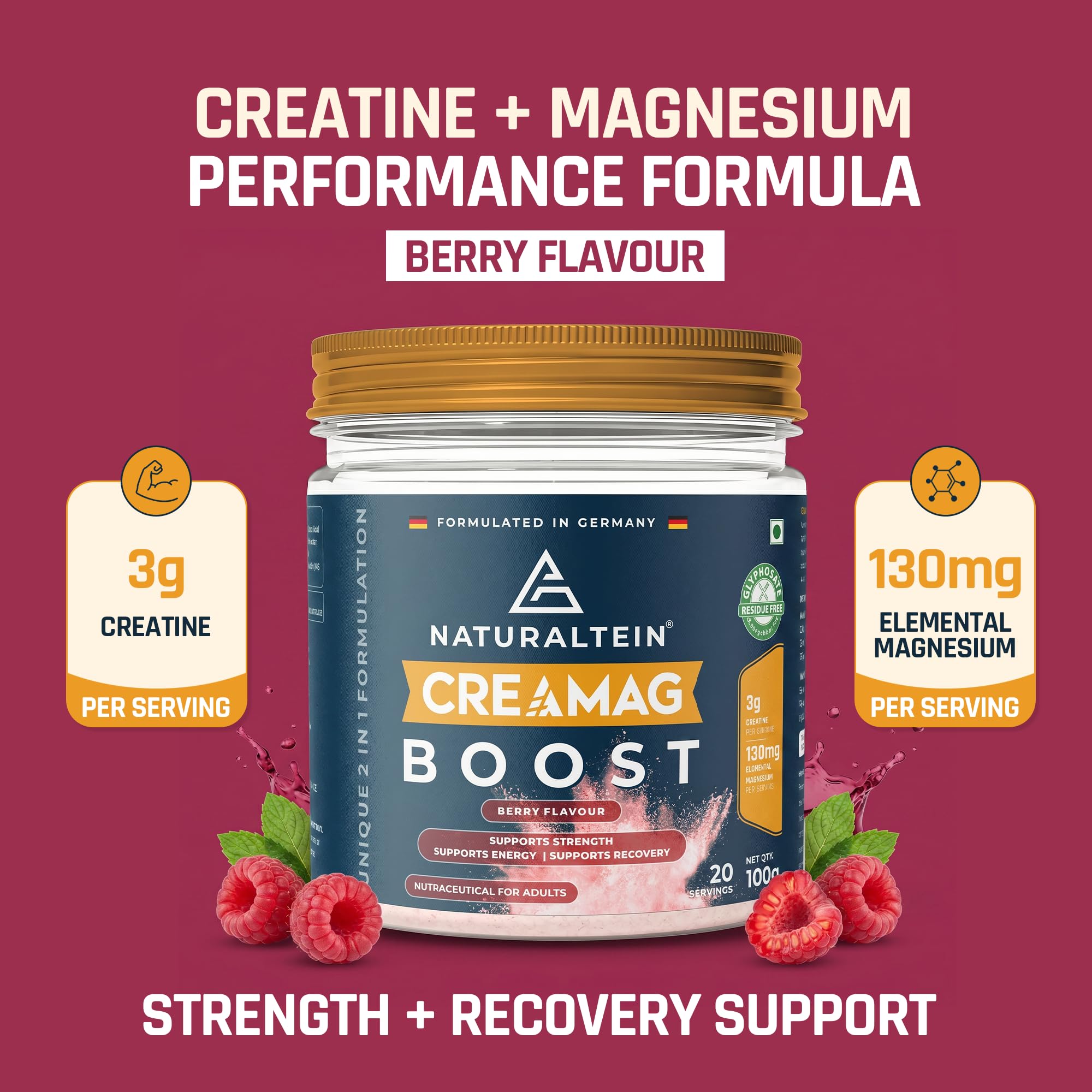 Naturaltein Creamag Boost Creatine 3g + Magnesium Bisglycinate 130mg Supplement Powder, Berry Flavour, Supports Strength, Energy & Recovery, 100g (20 Servings) — Amazon image 4