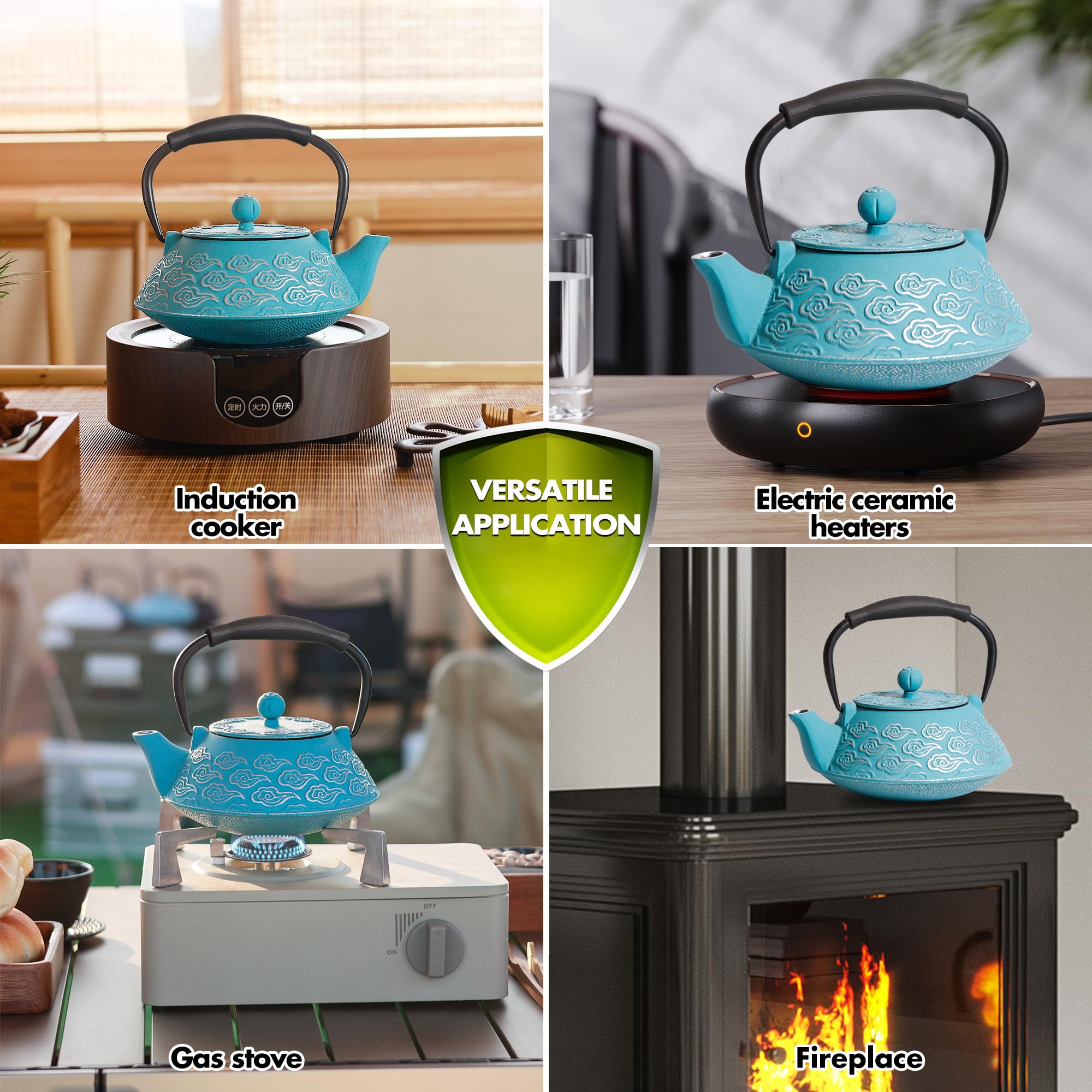 Théière japonaise en fonte avec infuseur pour feuilles mobiles, lavable sur la cuisinière, avec intérieur émaillé, motif nuages, 800 ml, bleu ciel