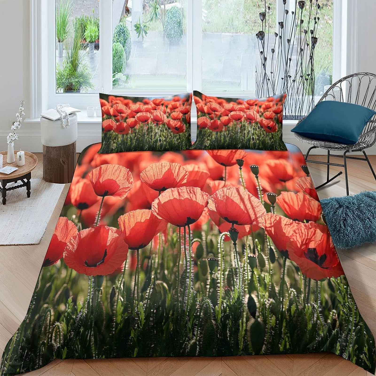 Ctjqhvkz Style-2 3D Printed Red Poppy Field Fitted Sheet Microfiber Soft Floral Meadow Mattress Cover For Bedroom Guest Room Decor Single（135X200cm）