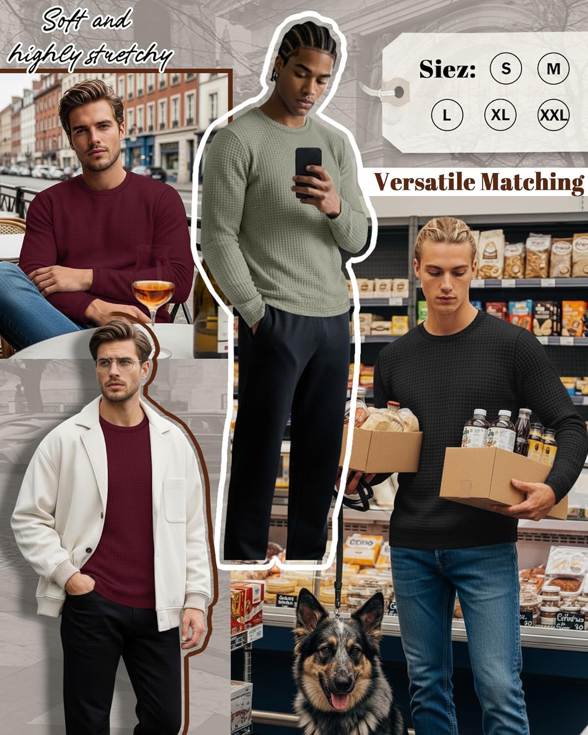 Ficerd 3 Pack Men's Waffle Long Sleeve Shirts, Crew Neck Thermal Underwear Tops Casual Pullover Sweaters Knit Undershirts