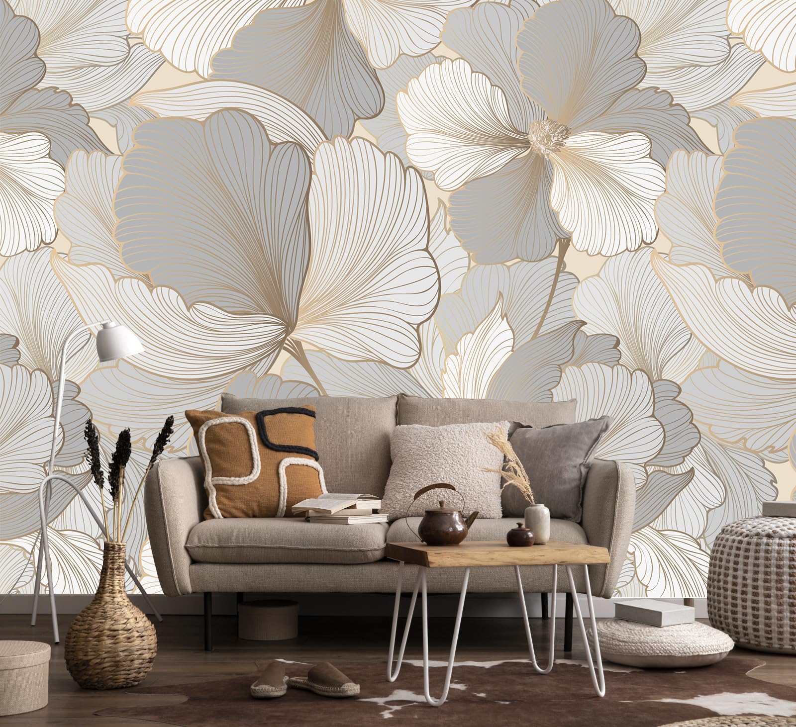 Grey and White Leaf Wall Mural Wallpaper for Bedroom Living Room (Not Peel n' Stick)