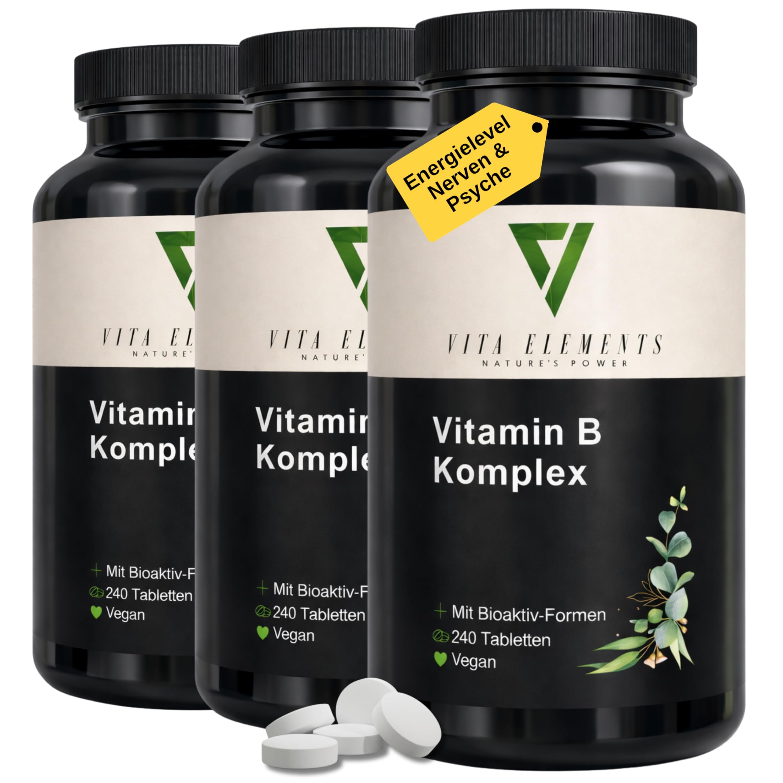 Vita Elements Vitamin B Komplex - 240 Tabletten - 8 essenzielle B-Vitamine - 8 Monate Vorrat - Bioaktiv-Formen - Vegan - Hochdosiert – Laborgeprüft