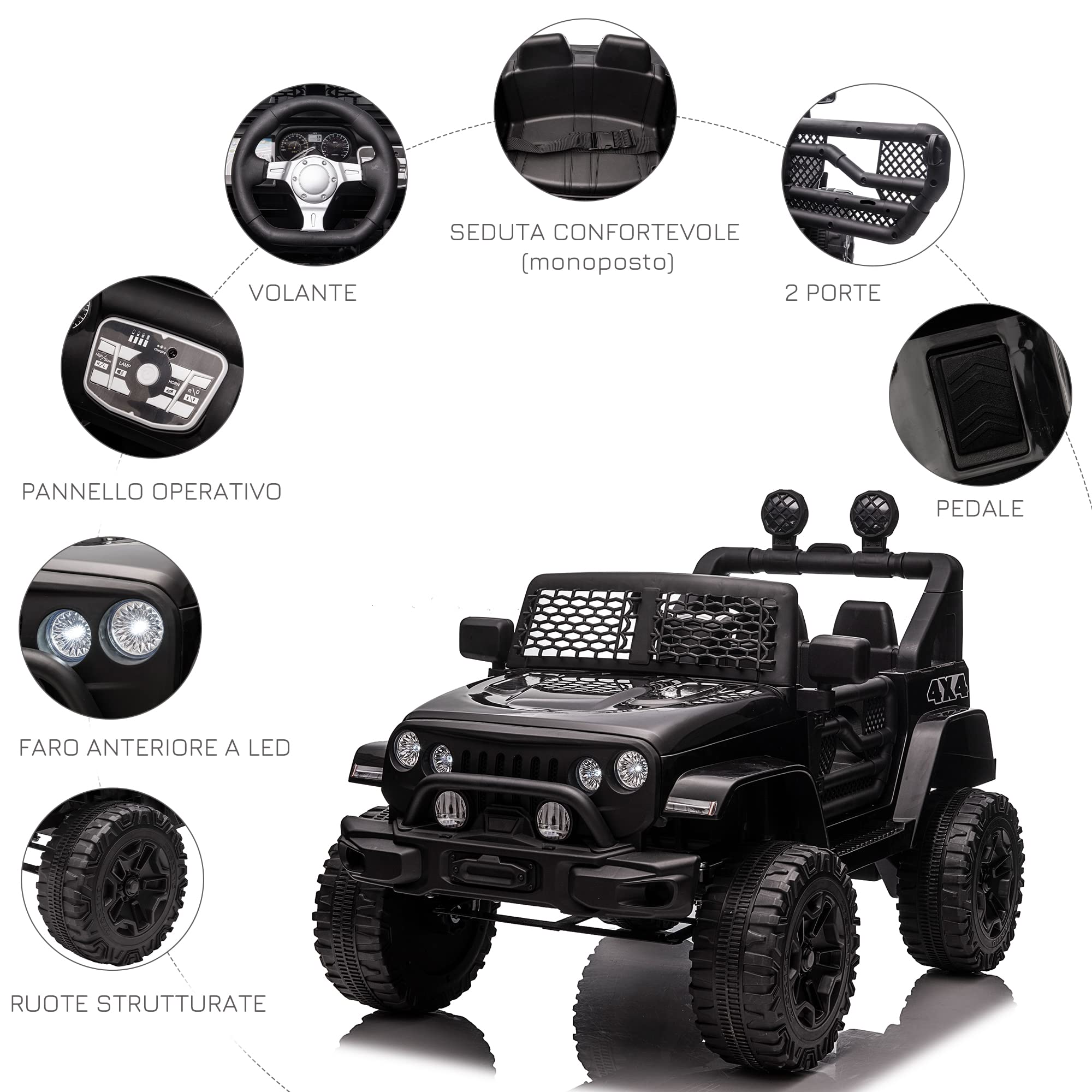 HOMCOM Macchina Elettrica per Bambini 3-6 Anni da 12V con Telecomando e Guida Manuale, Doppio Motore, Fari e Clacson, 100x64.2x71 cm, Nero