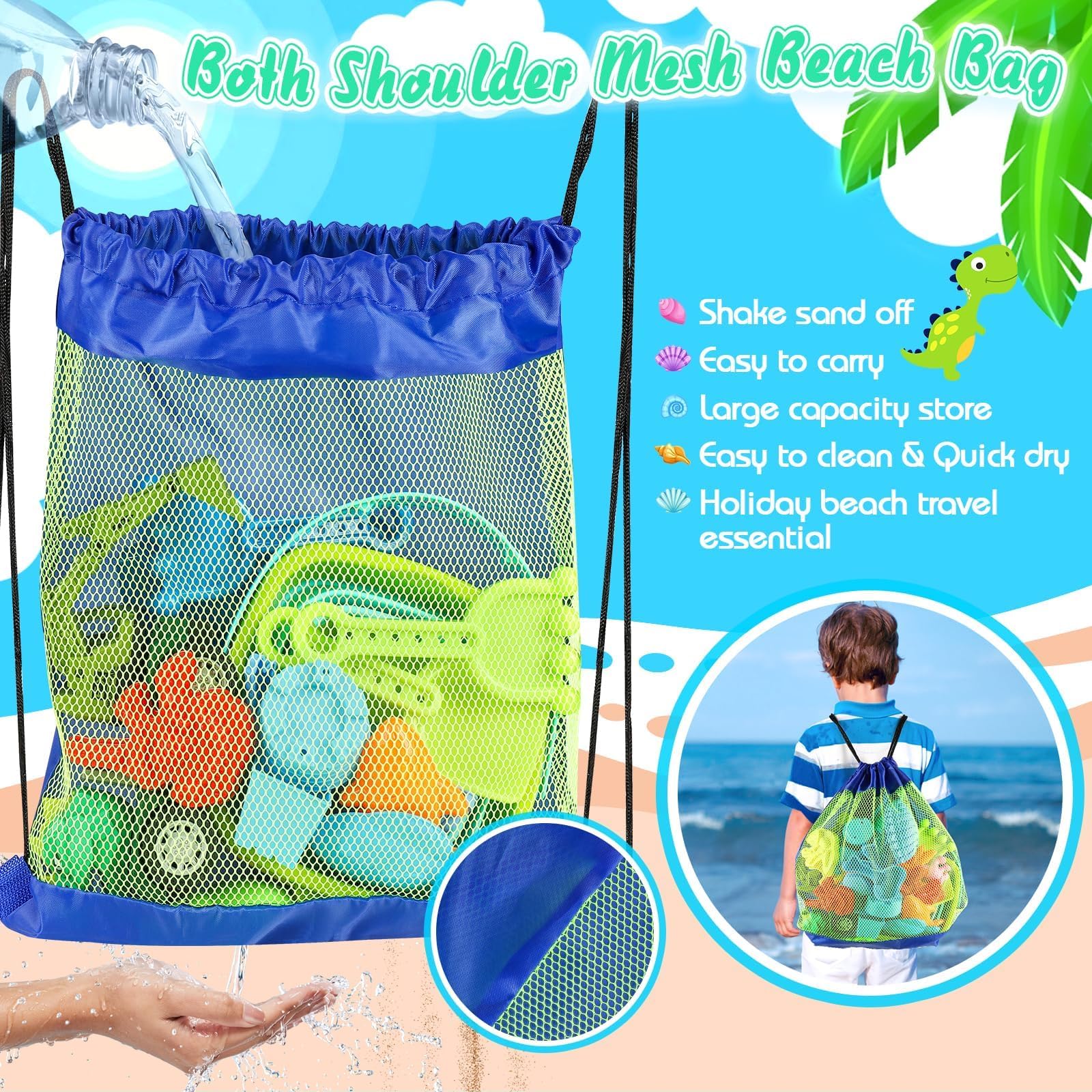 Kinder-Strandspielzeug-Set,38 Stück Strandspielzeug für Kleinkinder mit Dinosaurier-Motiv (Alter 1-3),Reise-Strandspielzeug-Set (Alter 4-8),Netzbeutel, Schaufel, Burg, Tierformen, Bauset