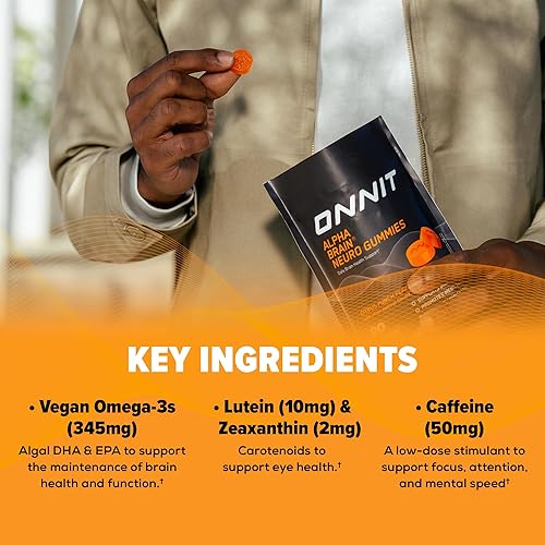 Miniatura 10 de ONNIT Gomitas Alpha Brain Neuro Focus, IGEN - Gomitas veganas probadas sin OMG con omega-3, luteína, zeaxantina y cafeína, suplemento cerebral para