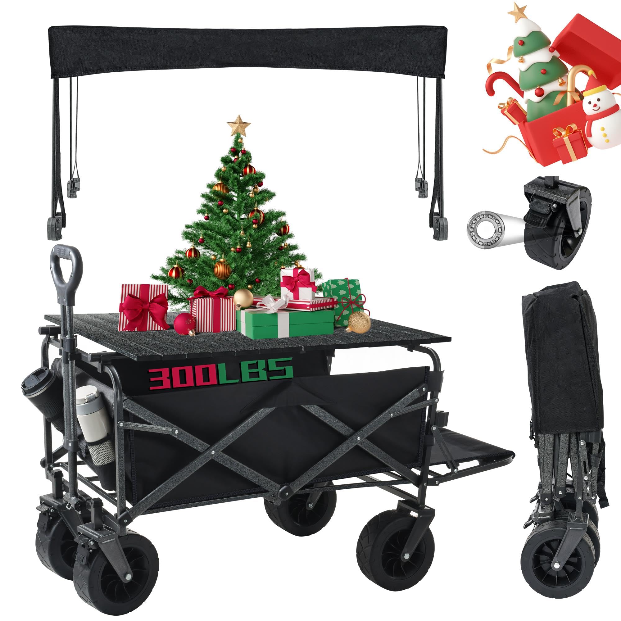 Photo 1 of 300Lbs Capacity Foldable Travel Cart for Outdoor Camping with Canopy,Tabletop, Side Pockets,and Cup Holder - All-Terrain Wheels for Camping,Sports.Shopping,Gardening,and Beach (Black) Camouflage