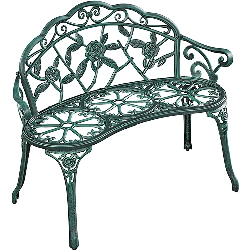 Yaheetech Patio Garden Bench Park Metal Rose Outdoor Benches, Aluminium Vintage Antique Furniture Chair Outside Benches Weather Proof Bench for Outdoor Porch, Lawn, Balcony, Backyard, Green