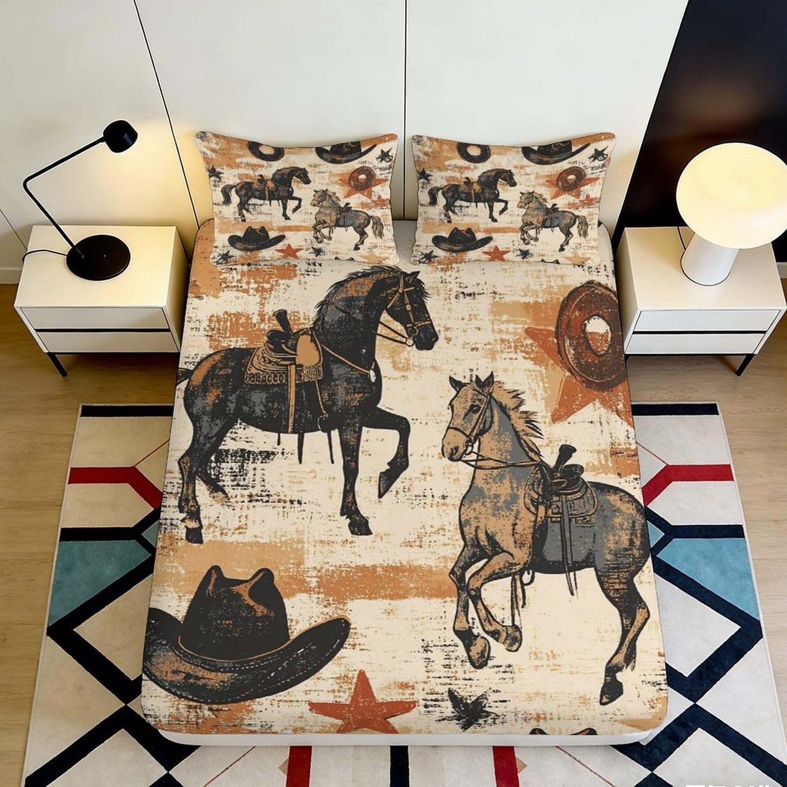 3D Printed Western Cowboy Horse Fitted Sheet Microfiber Decorative Bed Cover for Bedroom Guest Room Easy Care 90x200x25cm