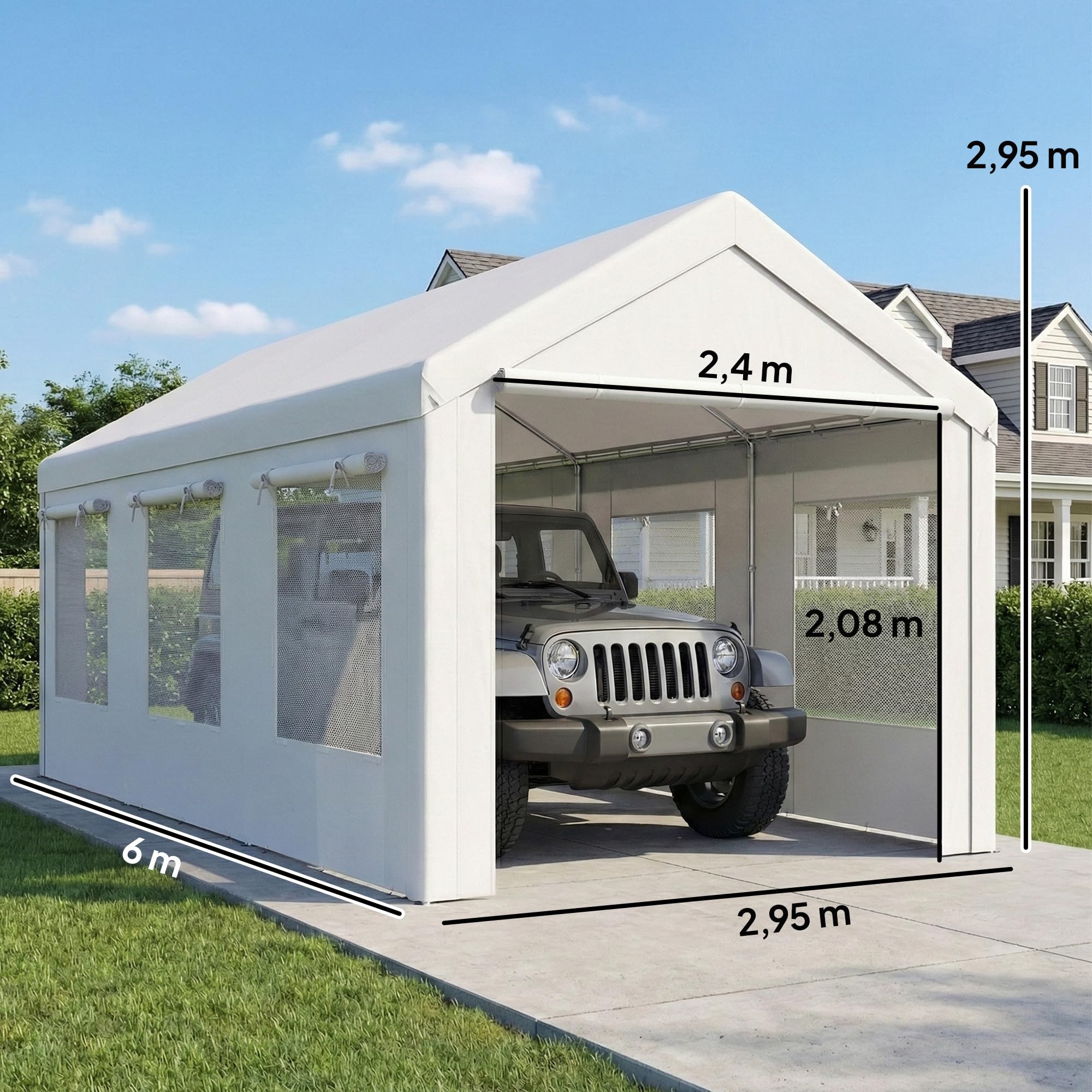 Outsunny Casetta per auto 3x6 m protezione UV30 garage mobile altezza regolabile tenda da garage acciaio zincato Ø 37 mm bianco