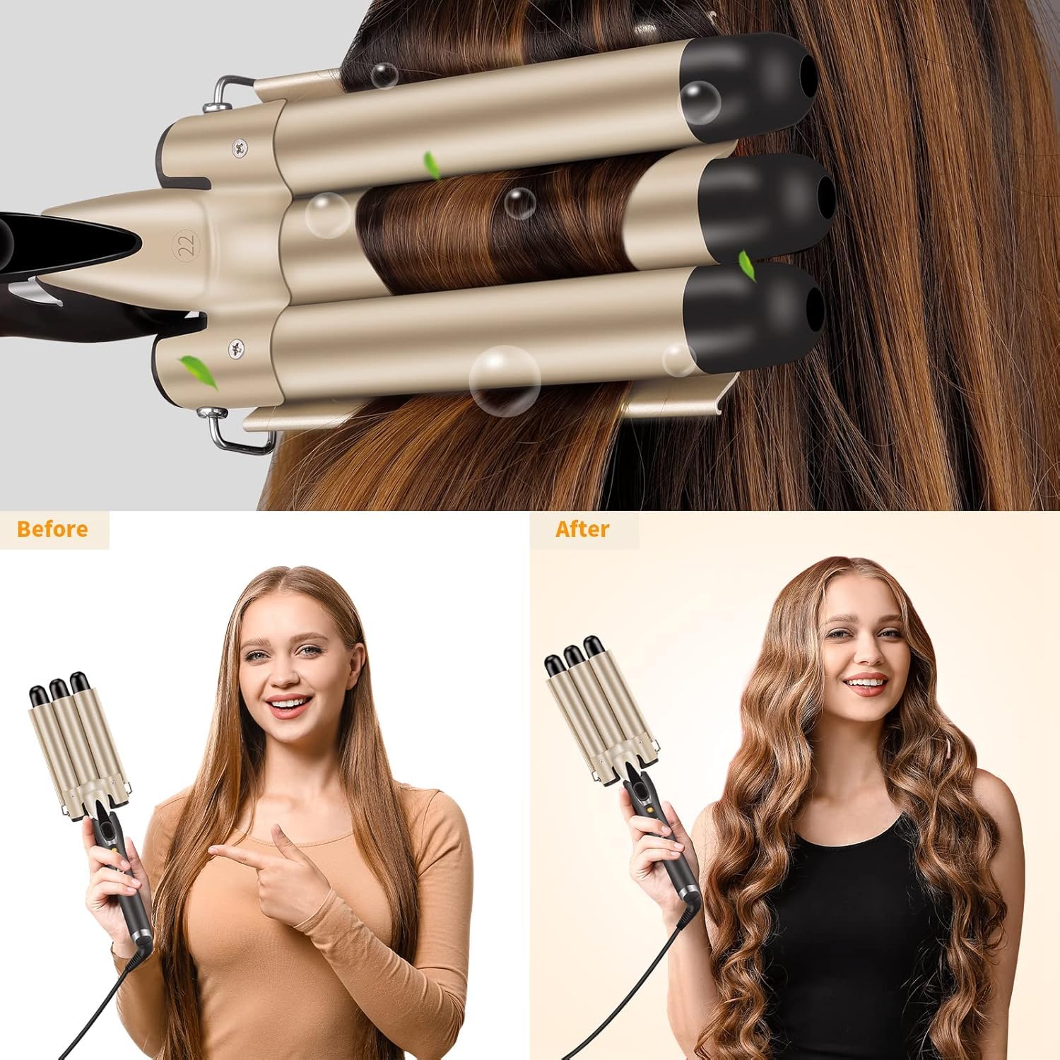 Rizador Pelo Ondas Plancha Ondas, rizador con 3 barriles con 2 temperaturas ajustable (180℃-210℃), rizador de pelo ondulado de 25 mm para el peinado largo/corto
