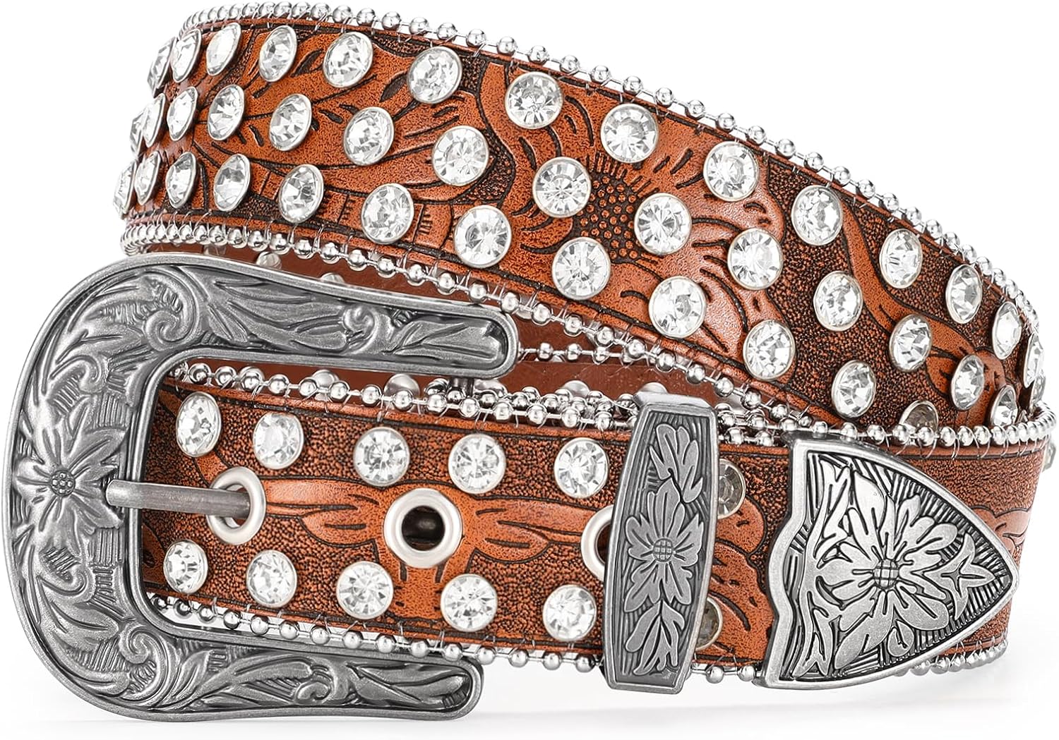 WERFORU Western Rhinestone Leather Belt,Cowgirl Cowboy Bling Belt For Jeans With Silver Vintage Western Buckle